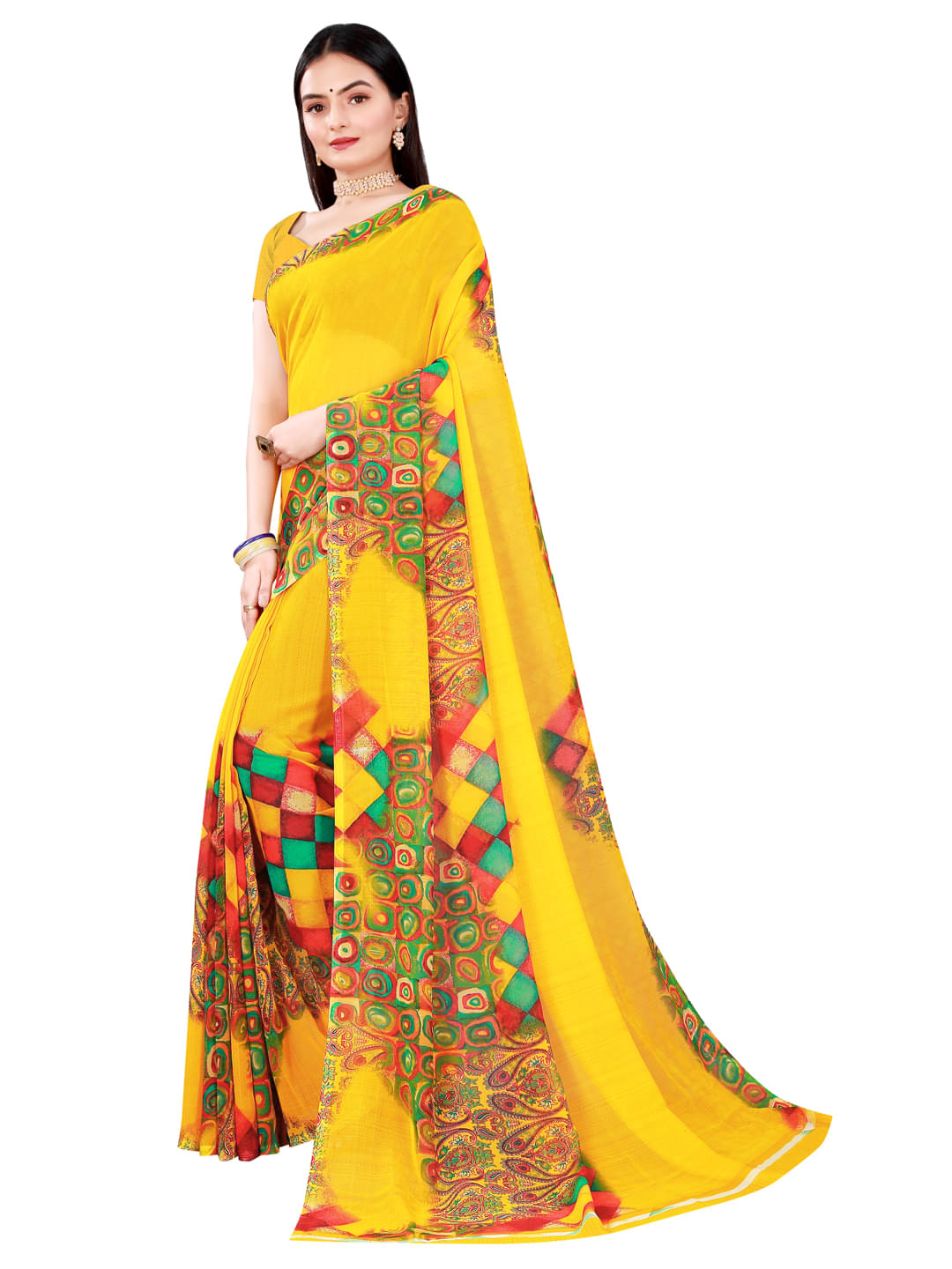 Suali Georgette Printed Saree With Unstitched Blouse Piece ( Yellow ) Suali Georgette Printed Saree With Unstitched Blouse Piece ( Yellow )