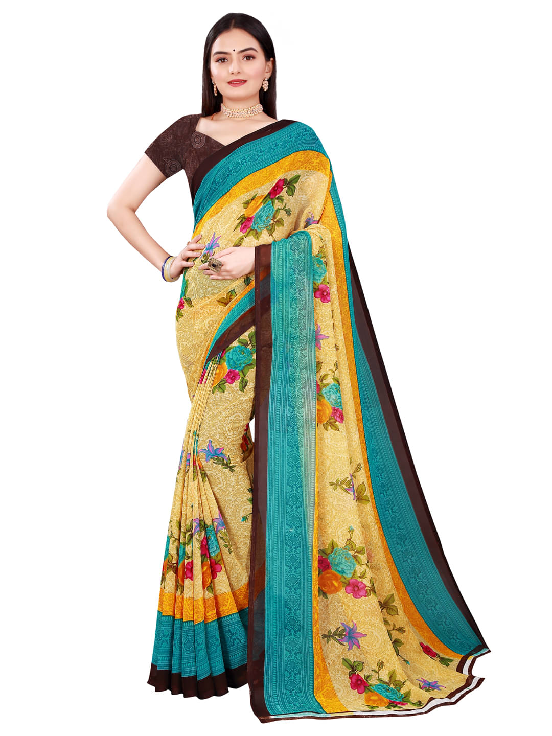 Suali Georgette Printed Saree With Unstitched Blouse Piece ( Brown ) Suali Georgette Printed Saree With Unstitched Blouse Piece ( Brown )