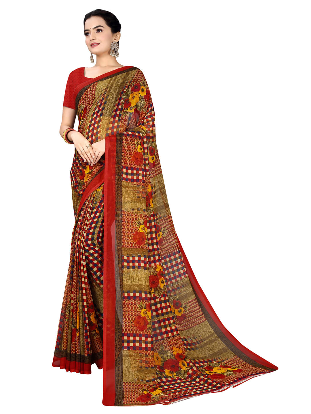     			Suali Georgette Printed Saree With Unstitched Blouse Piece ( Red )