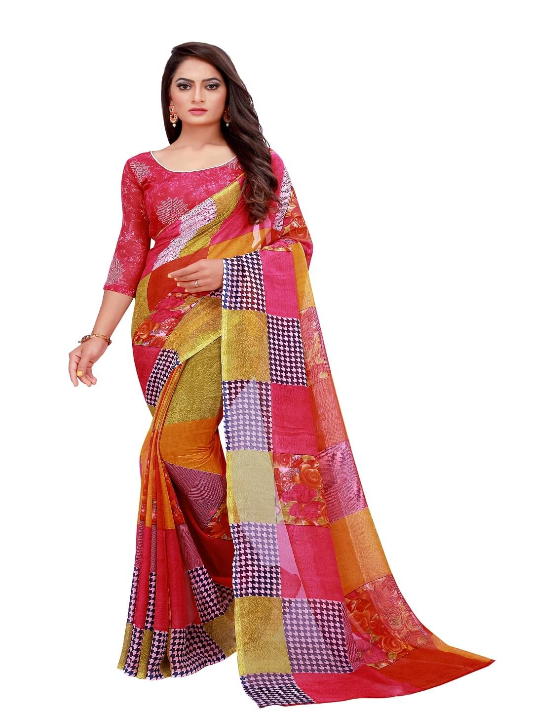     			Suali Georgette Printed Saree With Unstitched Blouse Piece ( Multicolor )