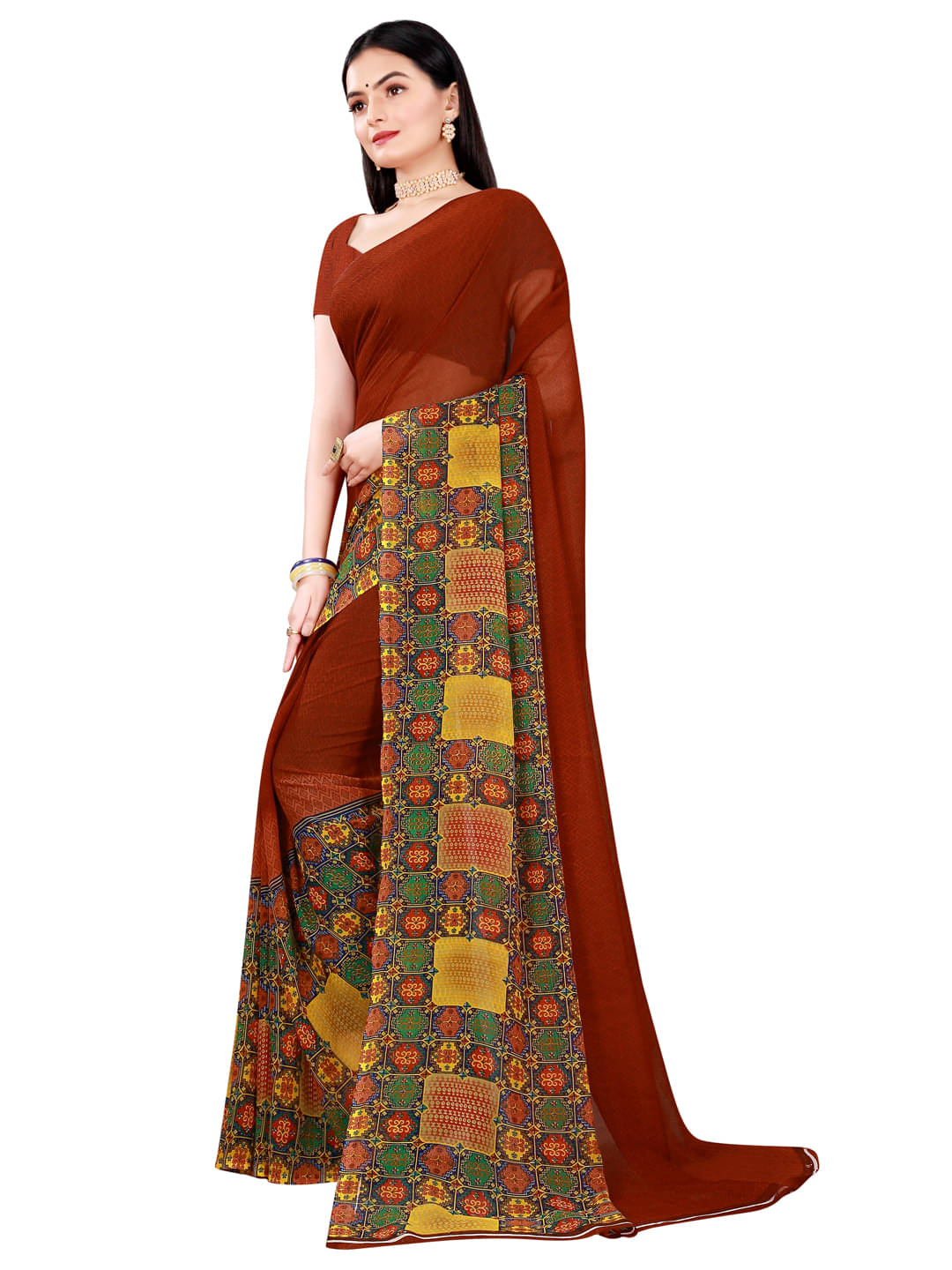     			Suali Georgette Printed Saree With Unstitched Blouse Piece ( Brown )