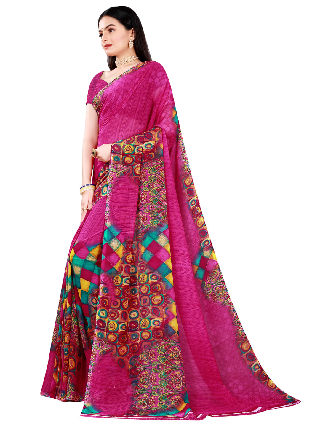     			Suali Georgette Printed Saree With Unstitched Blouse Piece ( Purple )