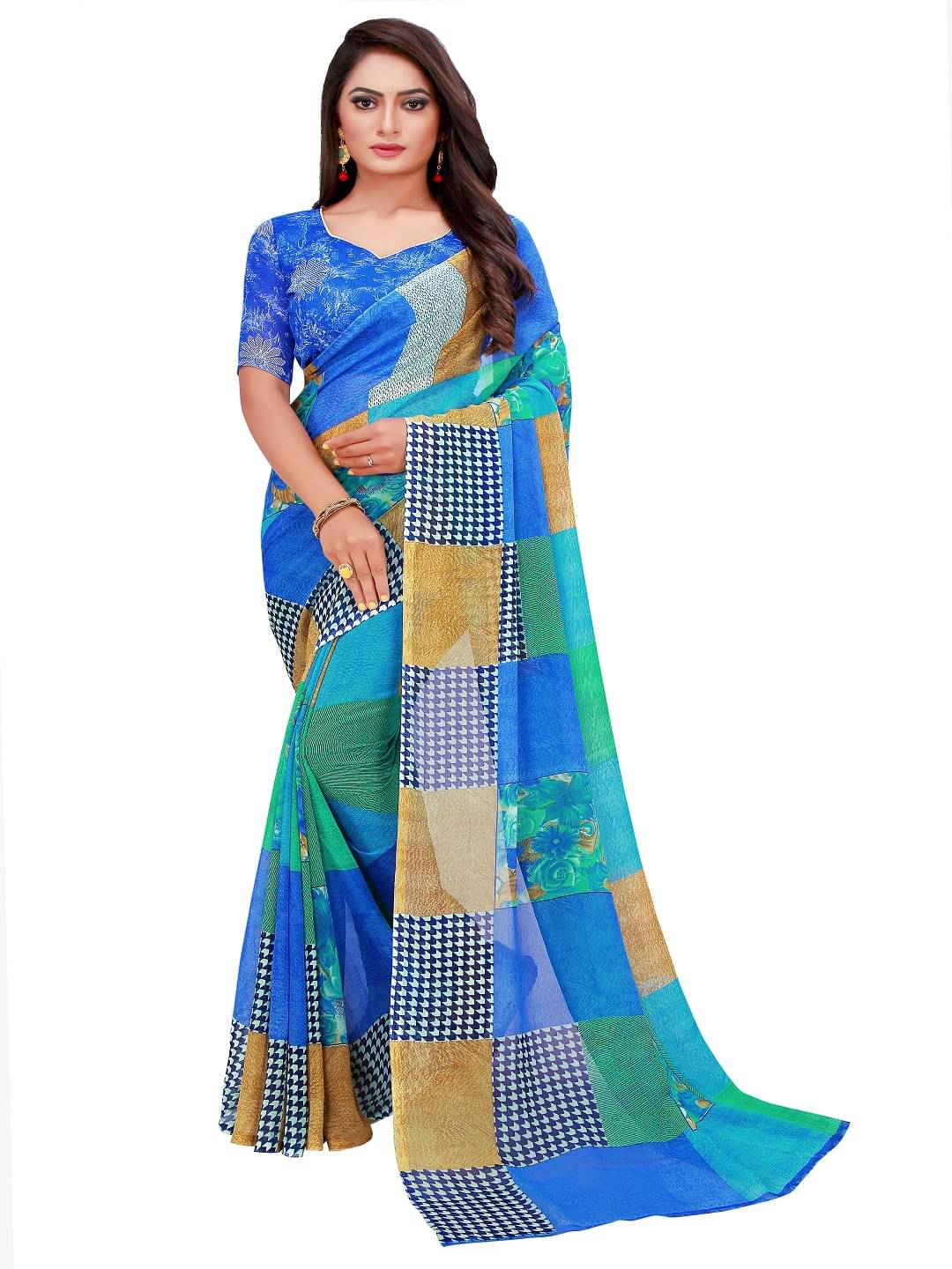 Suali Georgette Printed Saree With Unstitched Blouse Piece ( Blue ) Suali Georgette Printed Saree With Unstitched Blouse Piece ( Blue )