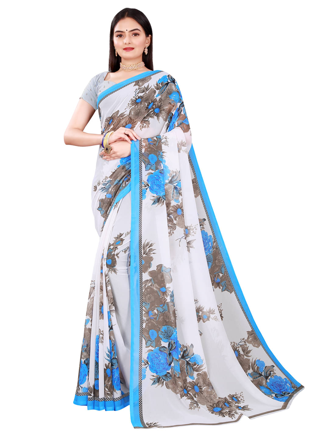     			Suali Georgette Printed Saree With Unstitched Blouse Piece ( Blue )