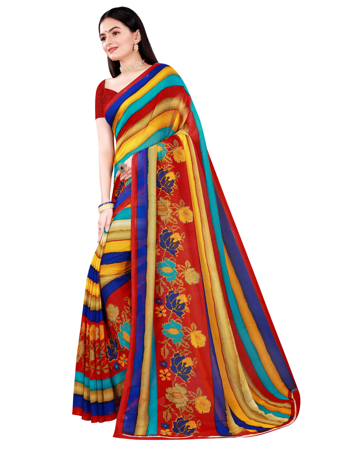     			Suali Georgette Printed Saree With Unstitched Blouse Piece ( Red )
