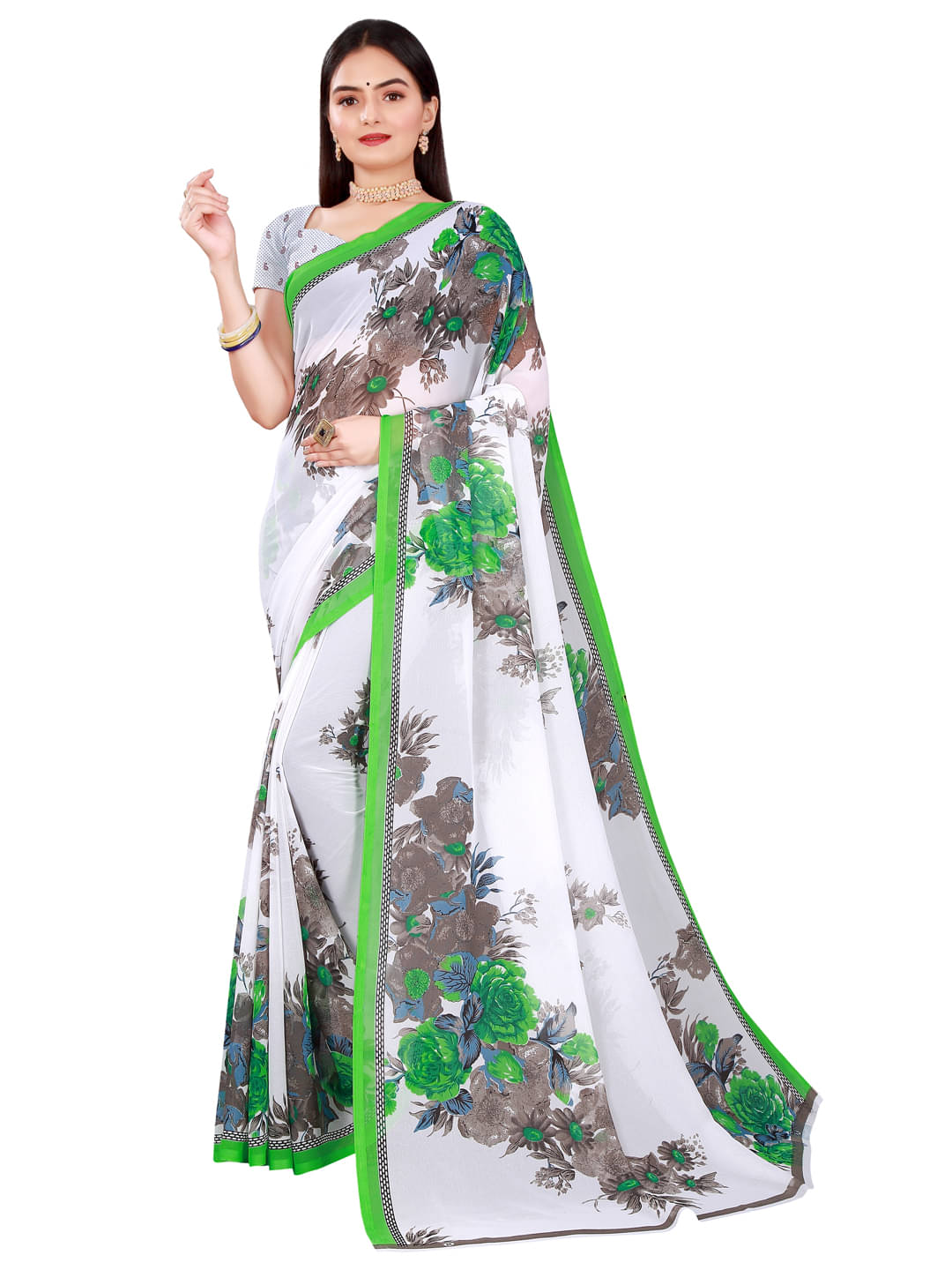     			Suali Georgette Printed Saree With Unstitched Blouse Piece ( Grey )