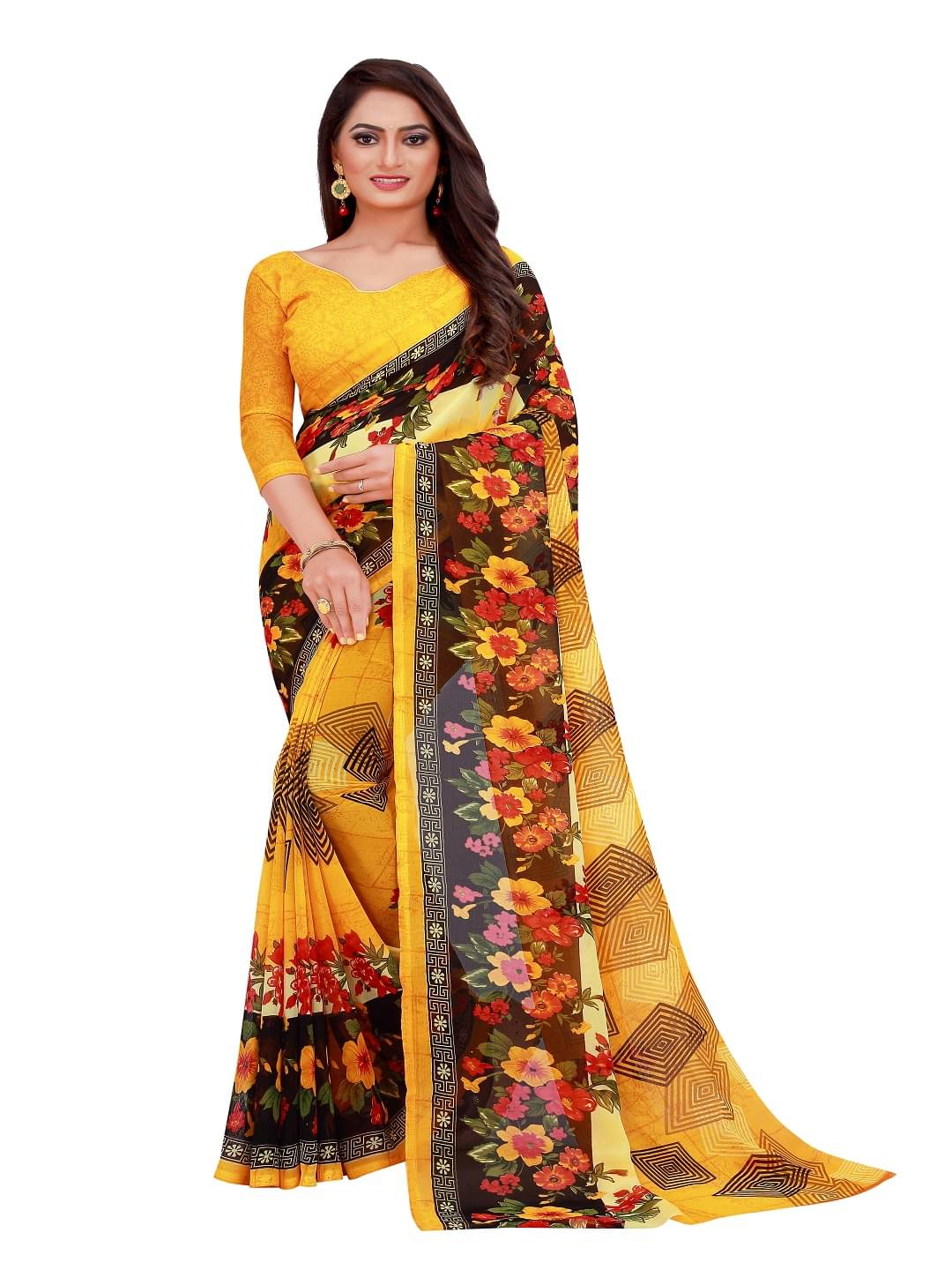     			Suali Georgette Printed Saree With Unstitched Blouse Piece ( Yellow )