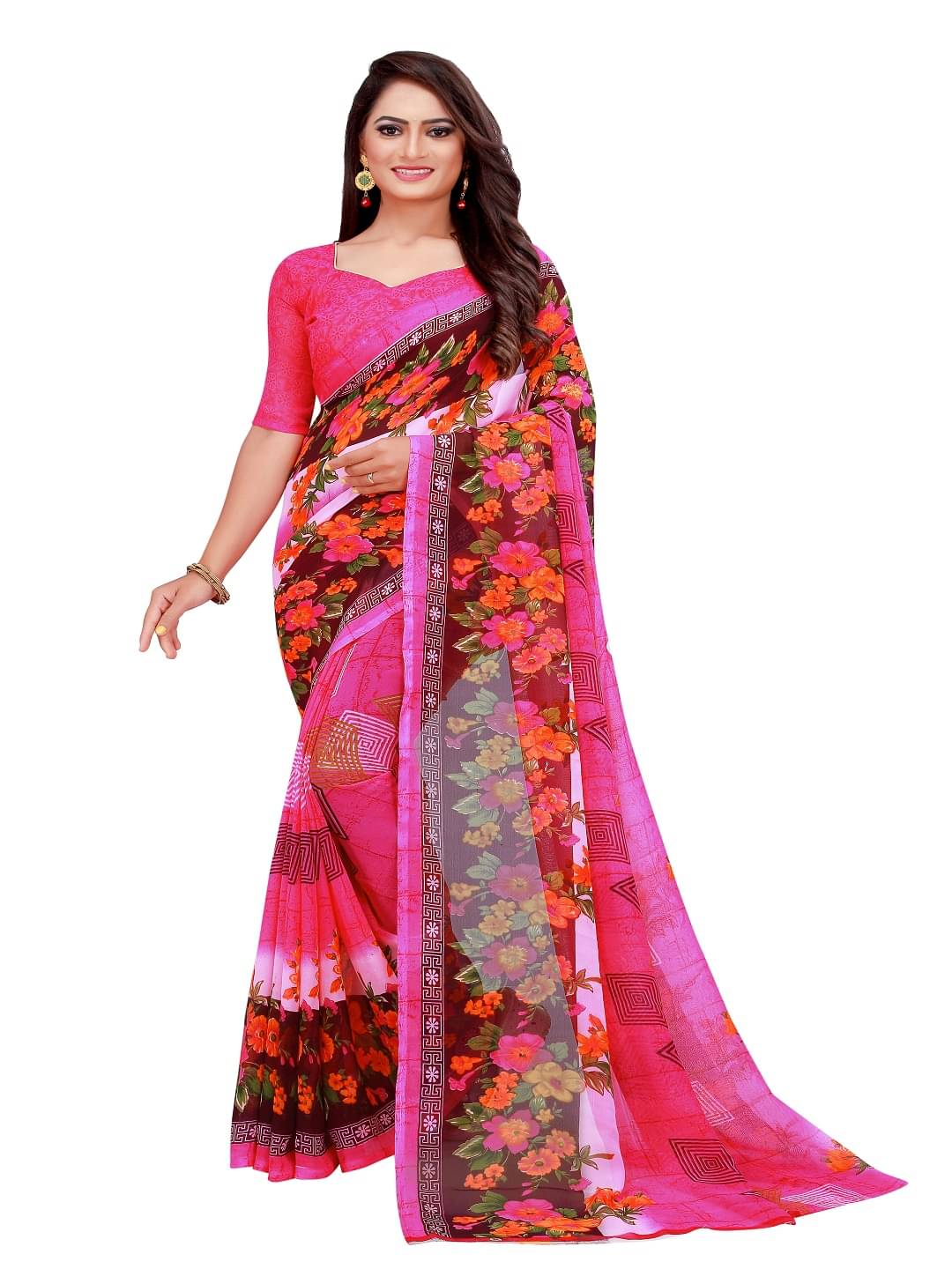     			Suali Georgette Printed Saree With Unstitched Blouse Piece ( Pink )