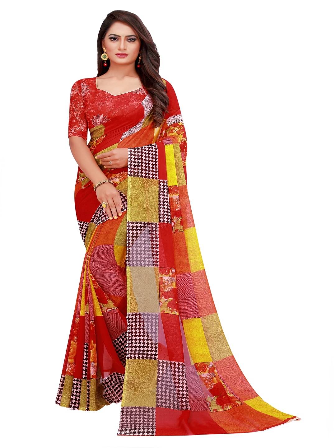     			Suali Georgette Printed Saree With Unstitched Blouse Piece ( Rust )