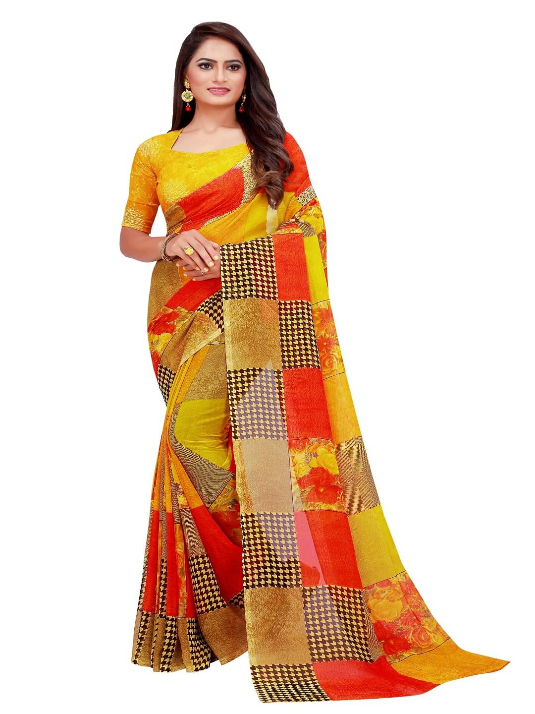 Suali Georgette Printed Saree With Unstitched Blouse Piece ( Orange ) Suali Georgette Printed Saree With Unstitched Blouse Piece ( Orange )