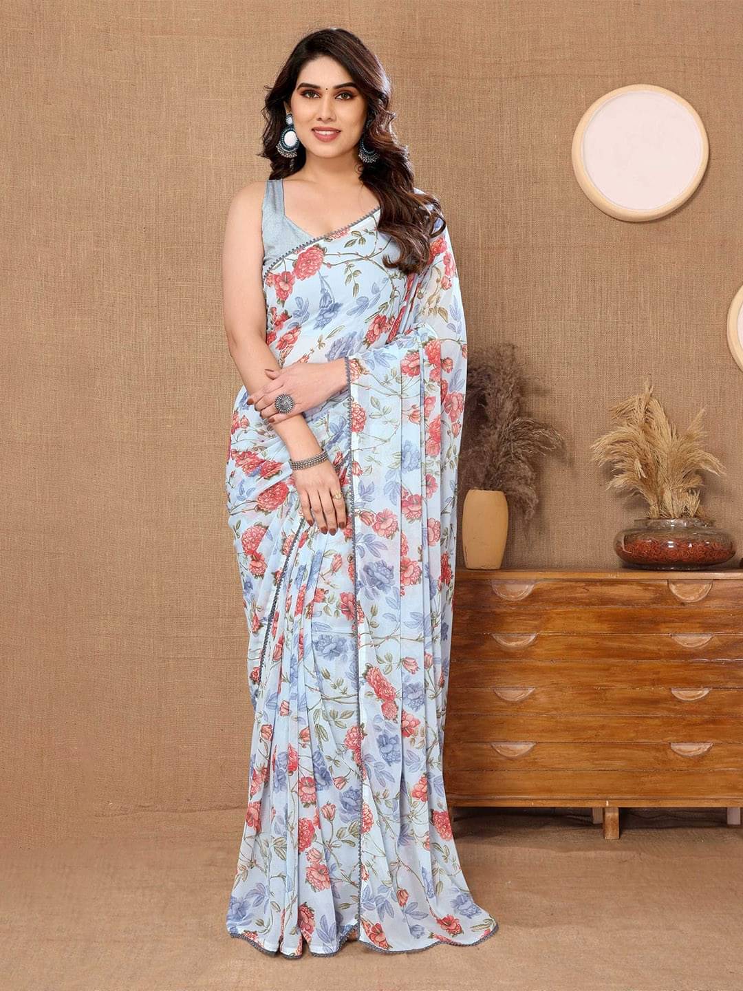     			THE PRIVATE LABLE Georgette Printed Saree With Unstitched Blouse Piece ( Light Blue )