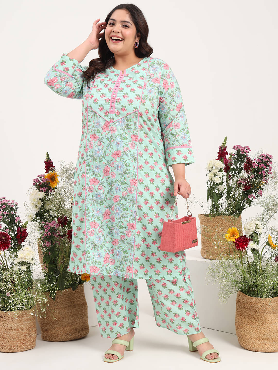     			Tissu Women's Cotton Printed Kurti With Palazzo ( Green )