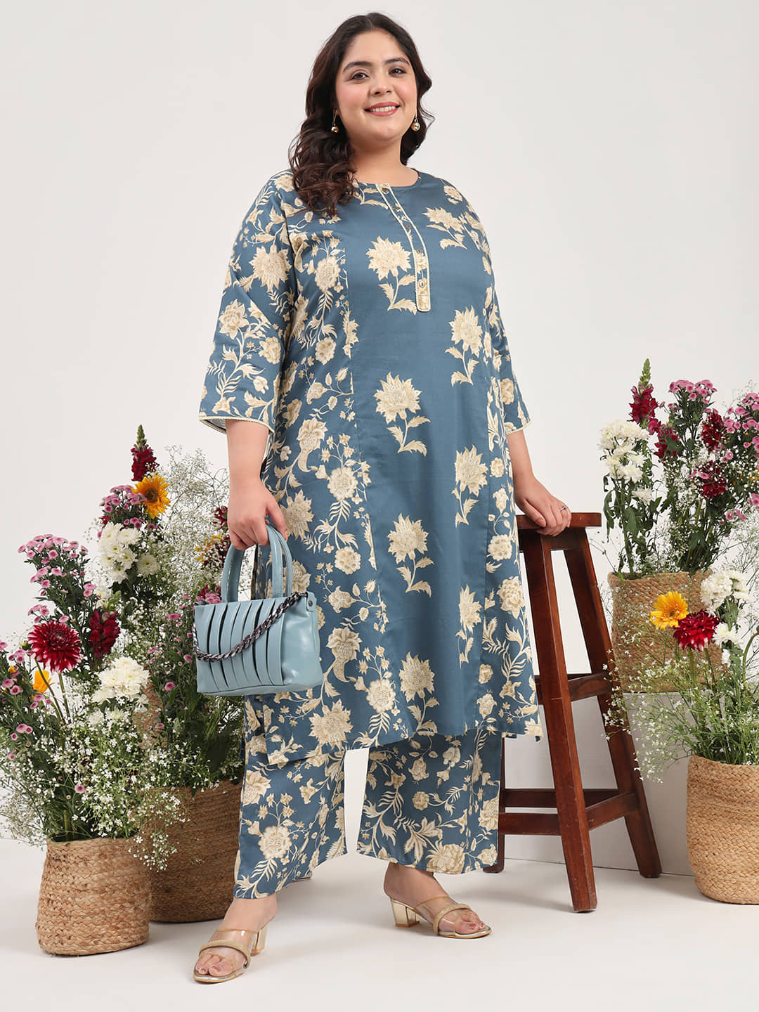Tissu Women's Cotton Printed Kurti With Palazzo ( Grey )