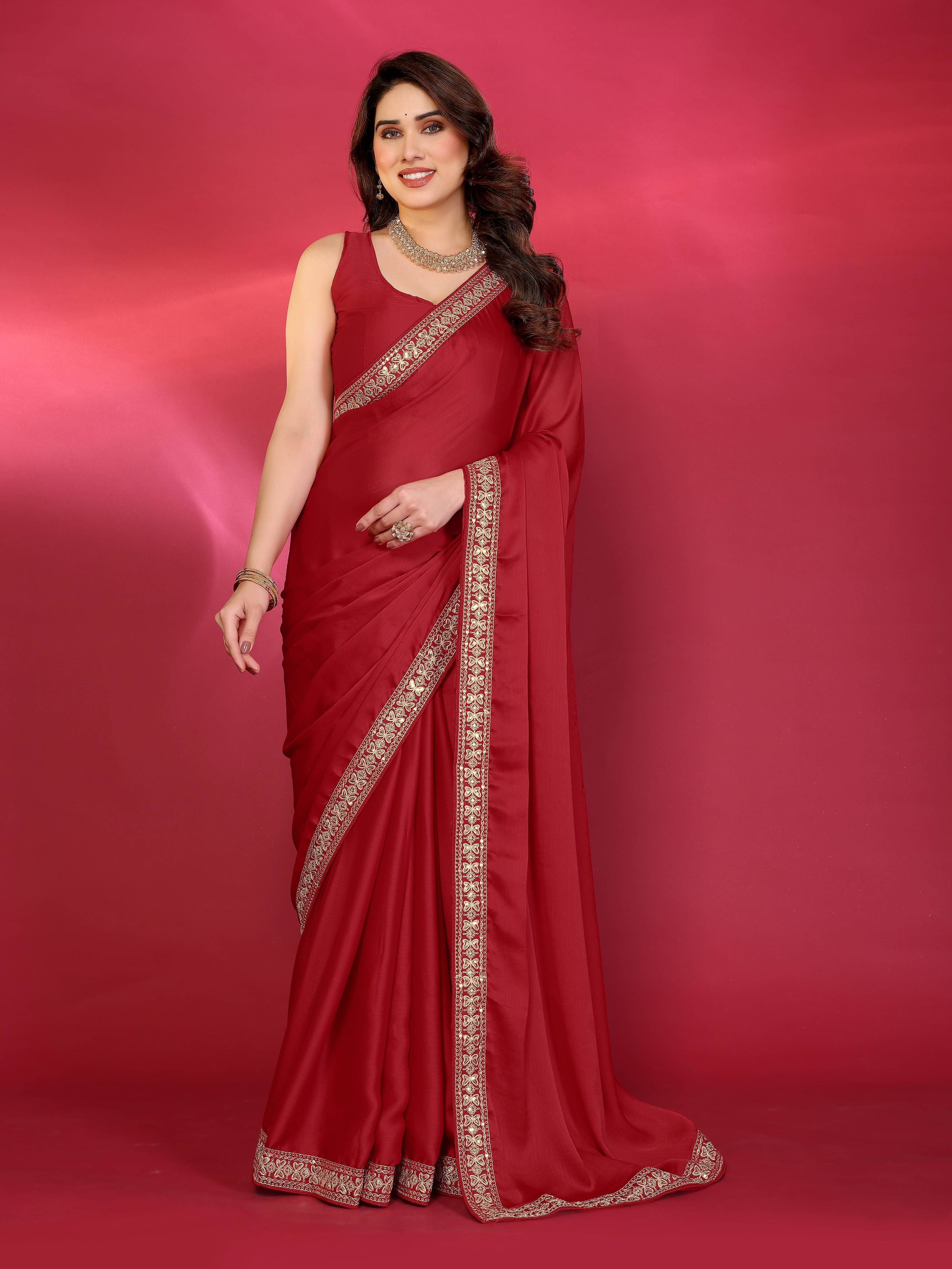 VEDANT VASTRAM Chiffon Embellished Saree With Unstitched Blouse Piece ( Red ) VEDANT VASTRAM Chiffon Embellished Saree With Unstitched Blouse Piece ( Red )