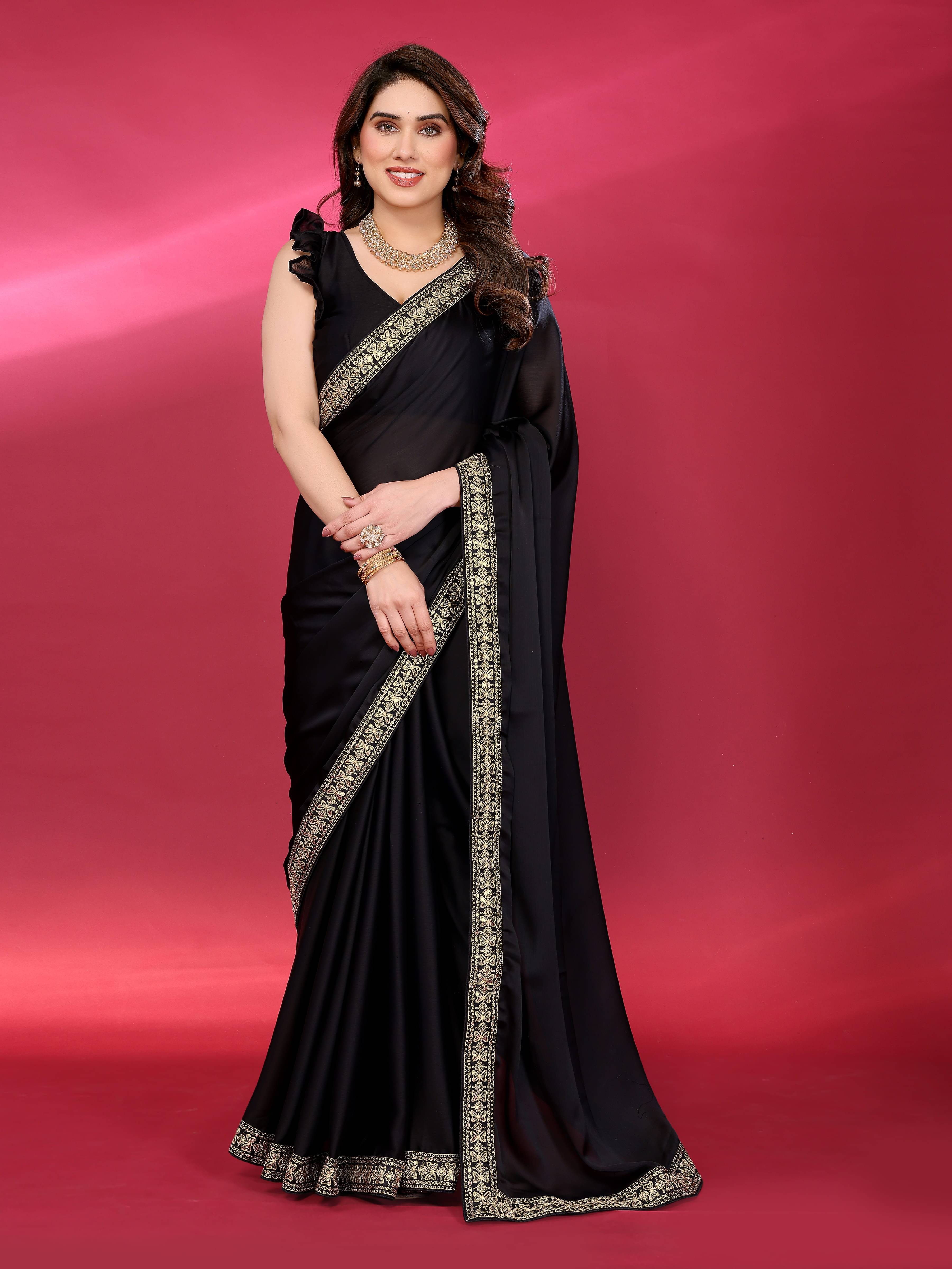 VEDANT VASTRAM Chiffon Embellished Saree With Unstitched Blouse Piece ( Black ) VEDANT VASTRAM Chiffon Embellished Saree With Unstitched Blouse Piece ( Black )
