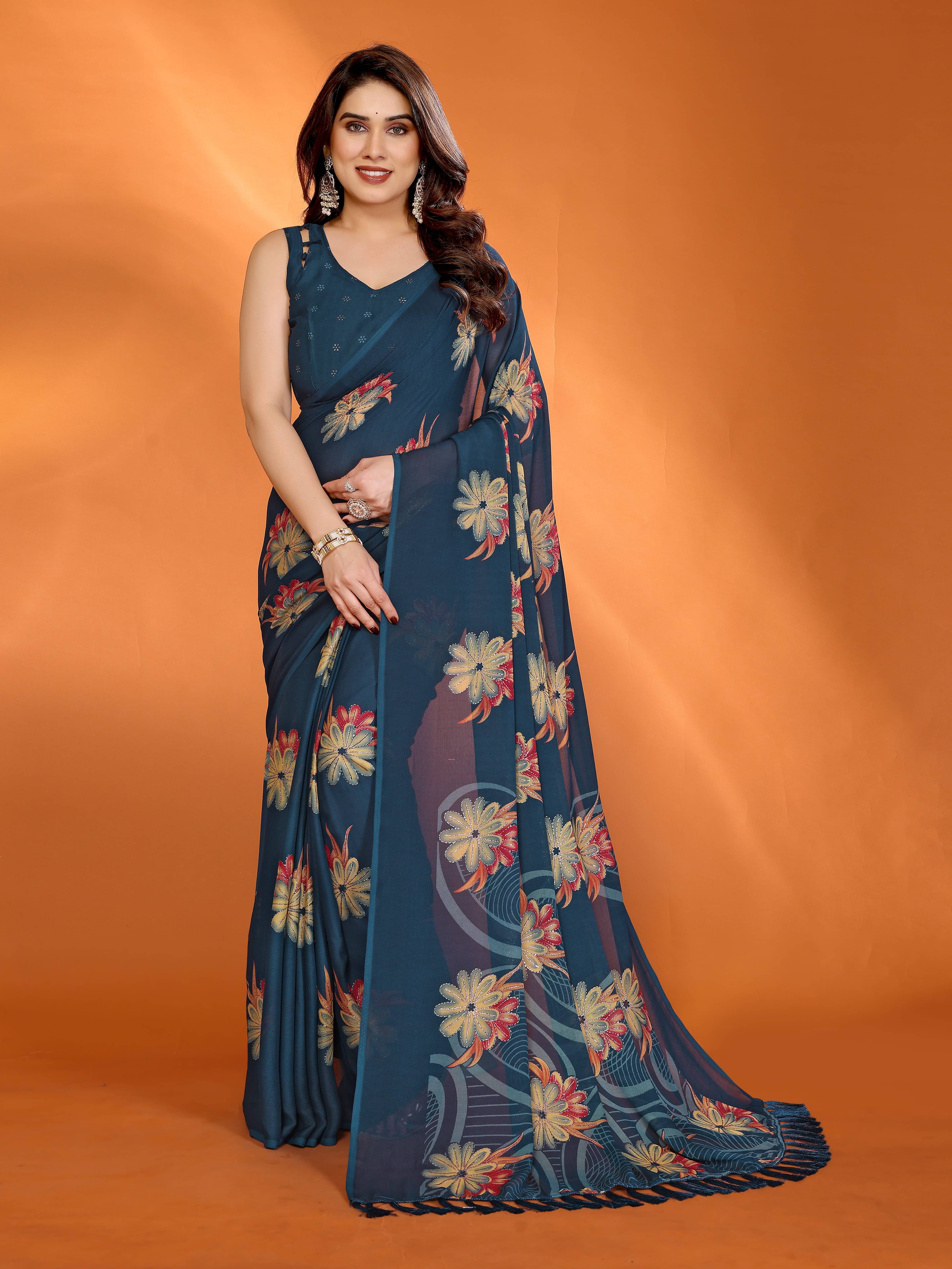 VEDANT VASTRAM Chiffon Printed Saree With Unstitched Blouse Piece ( Blue ) VEDANT VASTRAM Chiffon Printed Saree With Unstitched Blouse Piece ( Blue )
