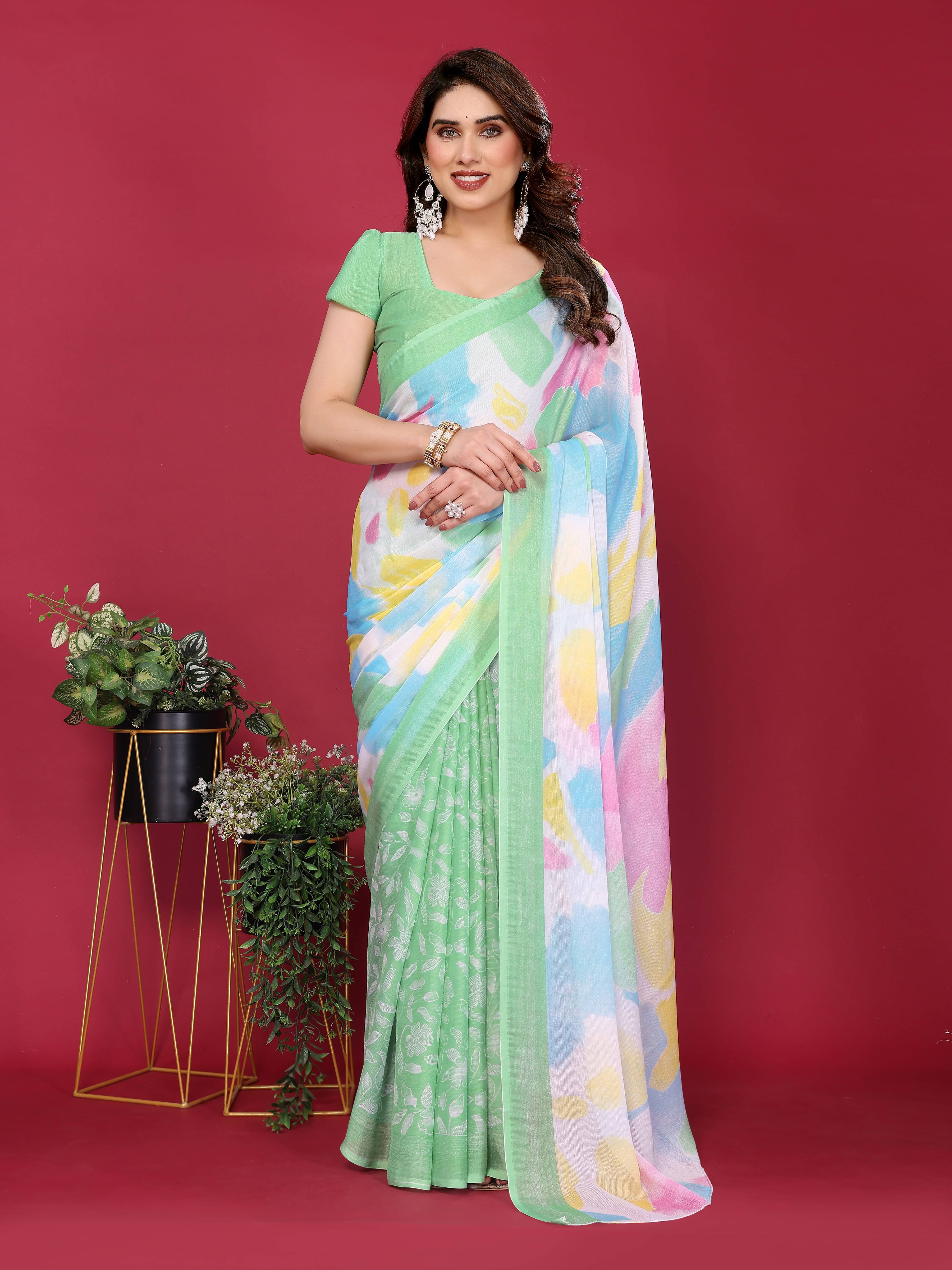     			VEDANT VASTRAM Chiffon Printed Saree With Unstitched Blouse Piece ( Light Green )