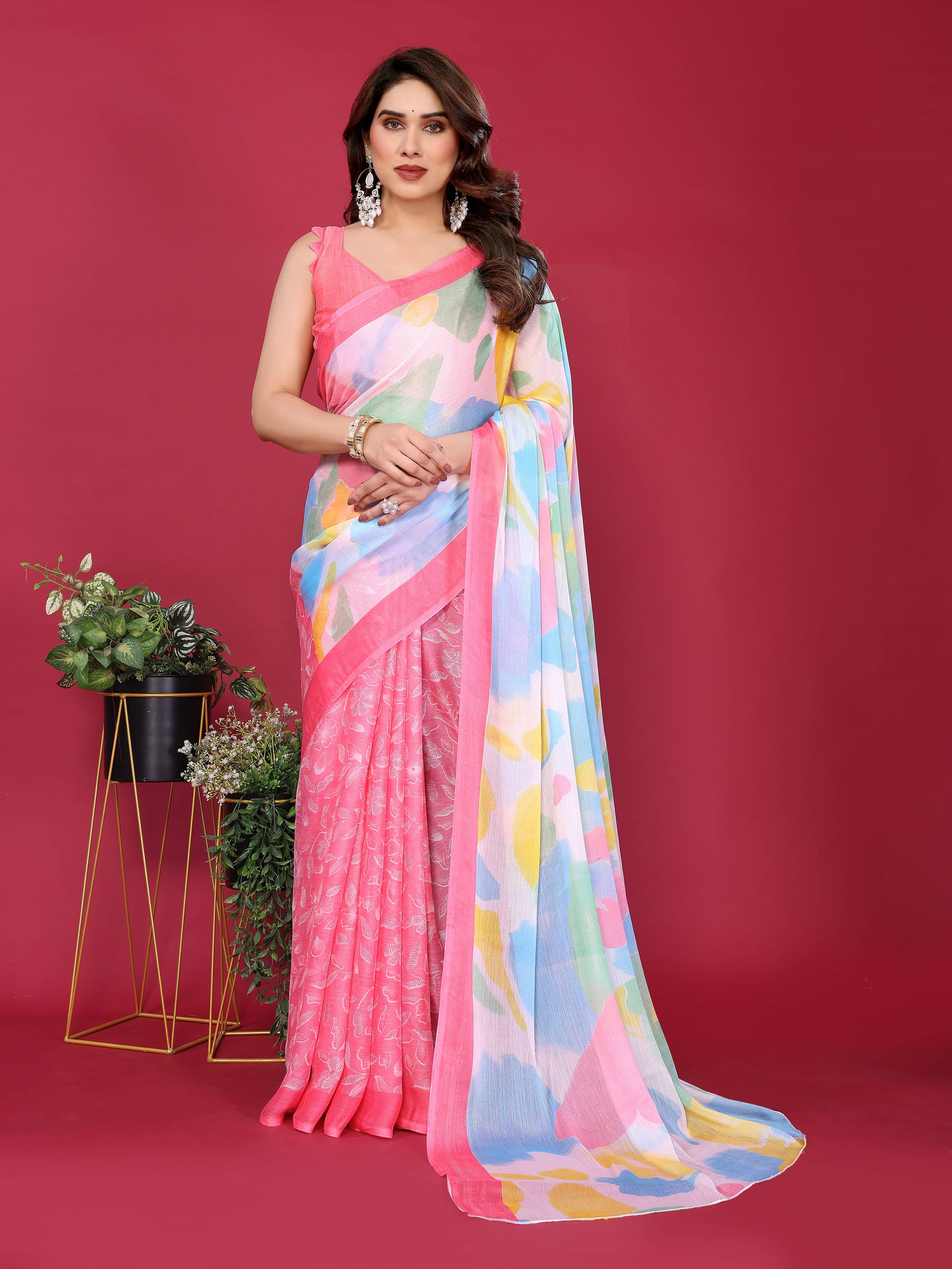 VEDANT VASTRAM Chiffon Printed Saree With Unstitched Blouse Piece ( Pink ) VEDANT VASTRAM Chiffon Printed Saree With Unstitched Blouse Piece ( Pink )