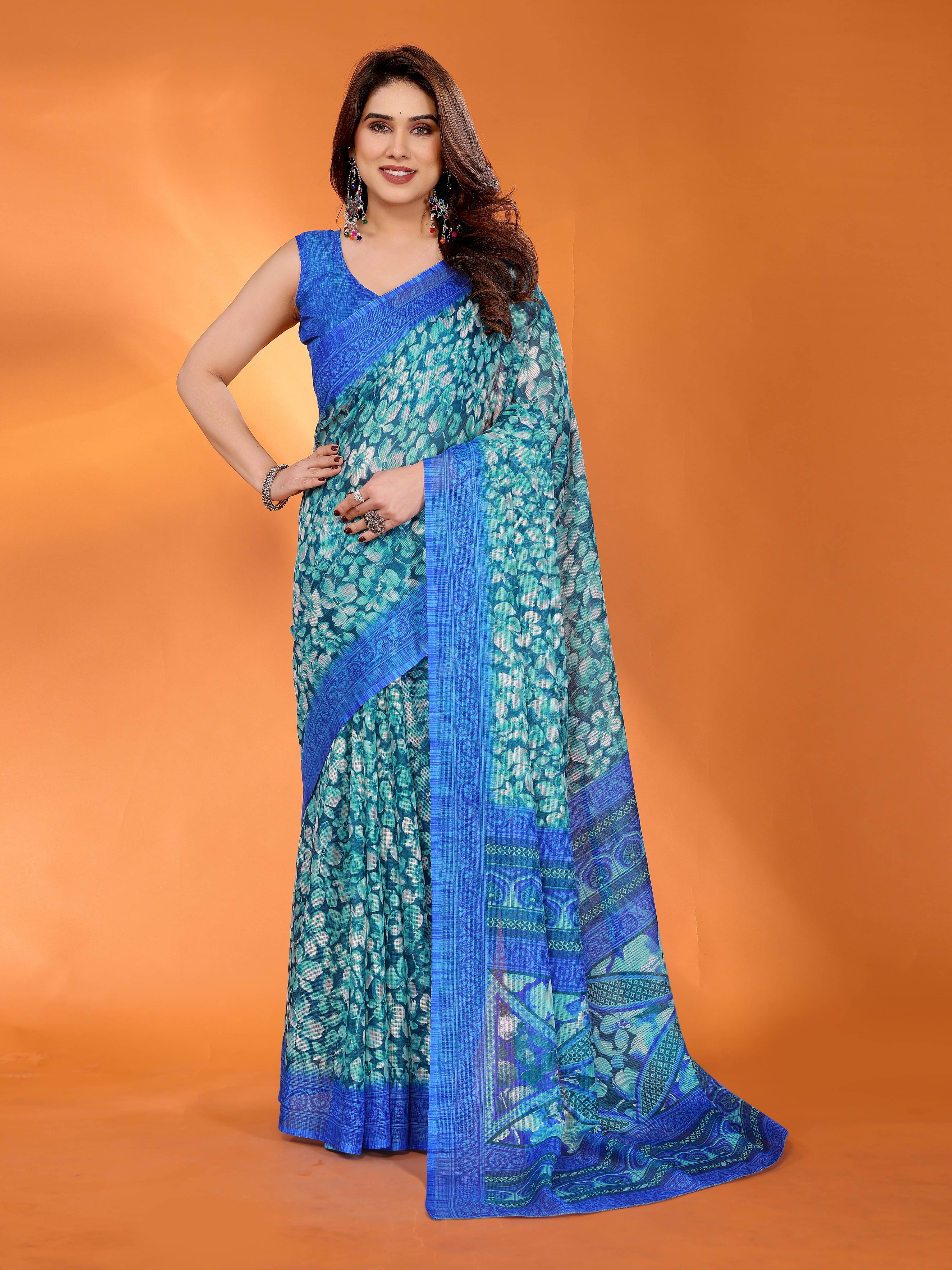 VEDANT VASTRAM Cotton Printed Saree With Unstitched Blouse Piece ( Blue ) VEDANT VASTRAM Cotton Printed Saree With Unstitched Blouse Piece ( Blue )