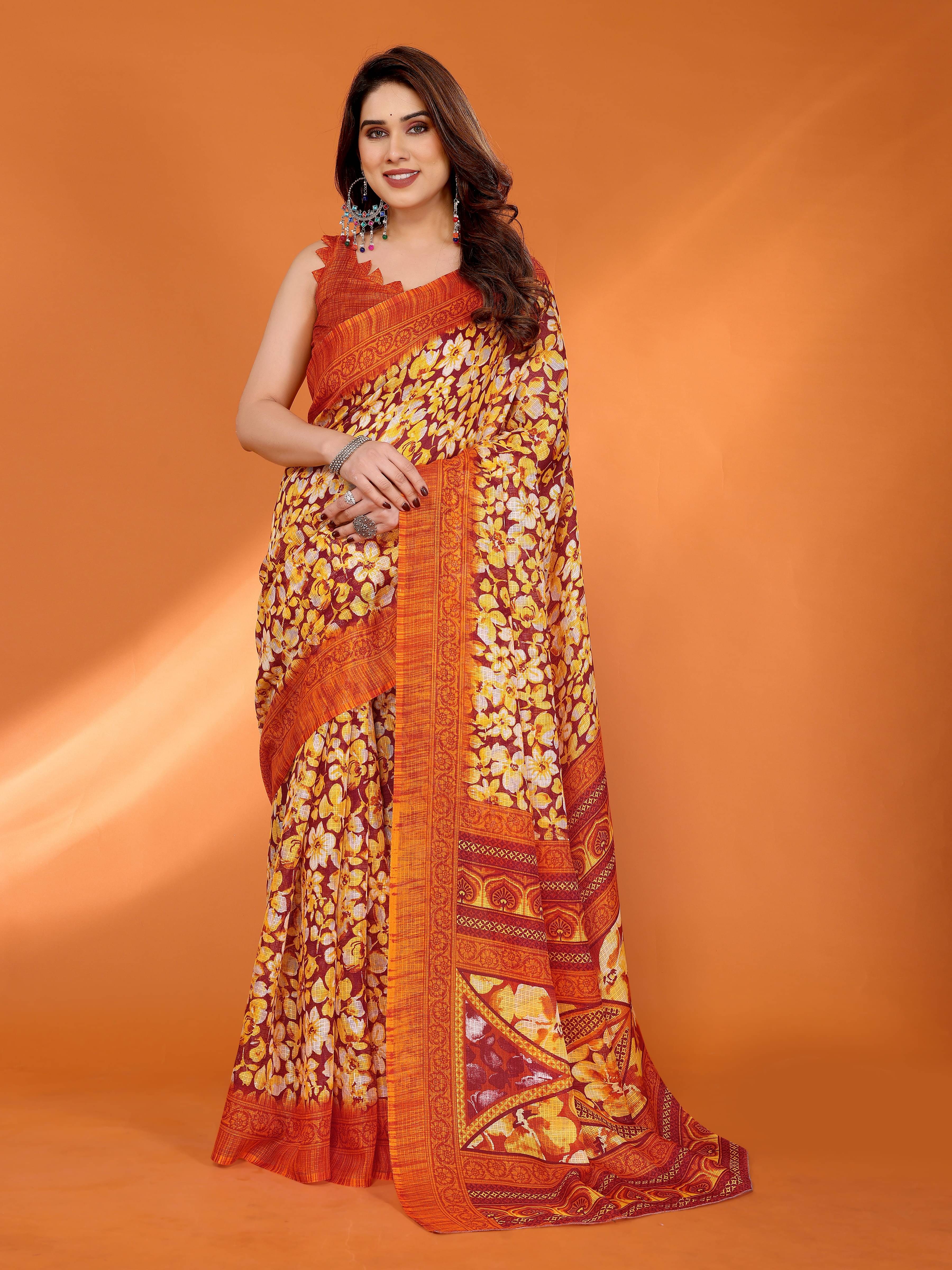 VEDANT VASTRAM Cotton Printed Saree With Unstitched Blouse Piece ( Orange ) VEDANT VASTRAM Cotton Printed Saree With Unstitched Blouse Piece ( Orange )