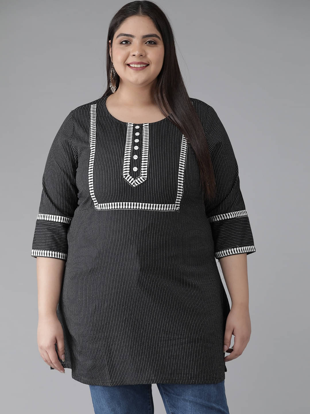 Yash Gallery Women's Cotton Striped Straight Kurti - ( Black ) Yash Gallery Women's Cotton Striped Straight Kurti - ( Black )