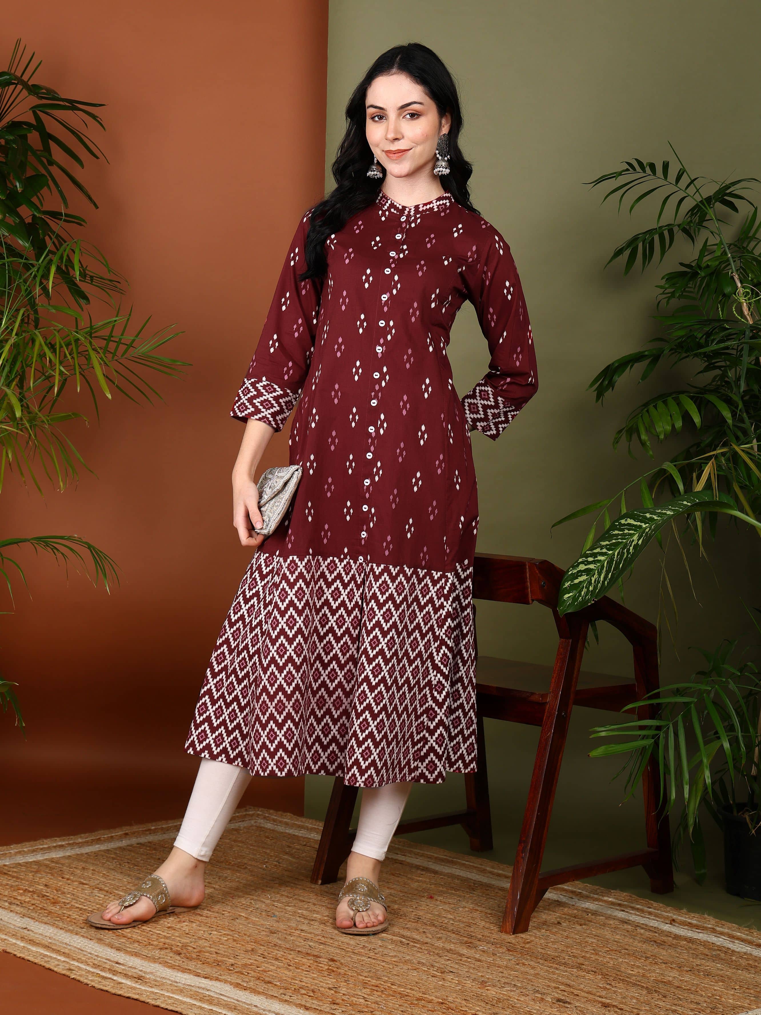 Yash Gallery Women's Cotton Printed Front Slit Kurti - ( Maroon ) - Kurtis, Tunics | Buy online on ZillyBuy