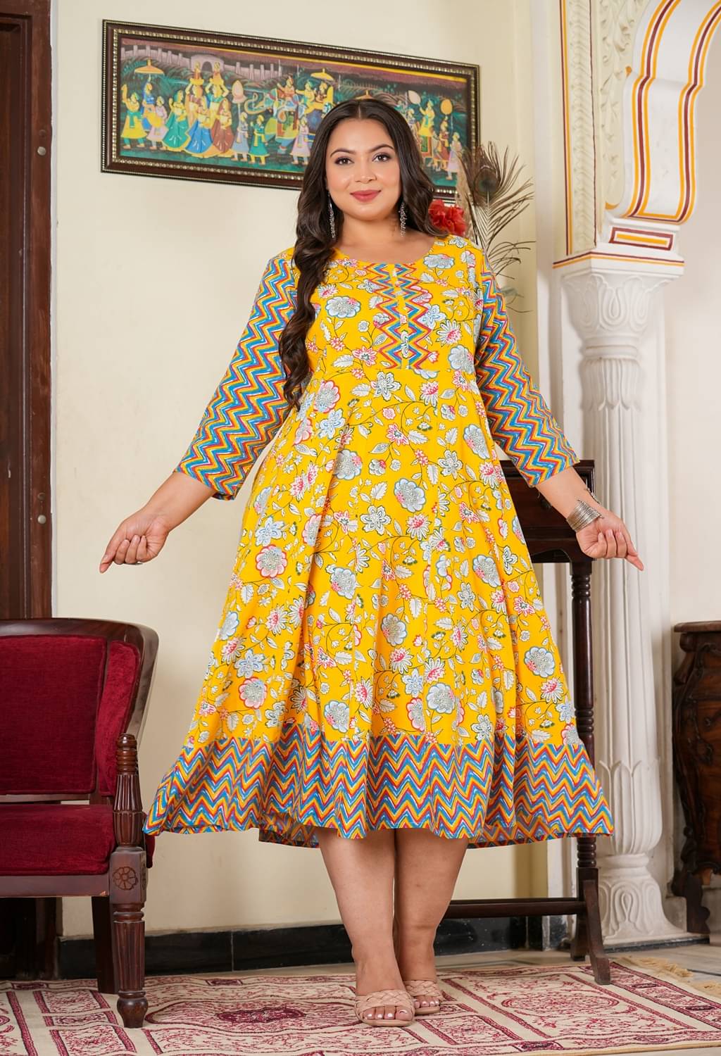 Yash Gallery Women's Rayon Printed Fit & Flare Dress ( Yellow ) Yash Gallery Women's Rayon Printed Fit & Flare Dress ( Yellow )