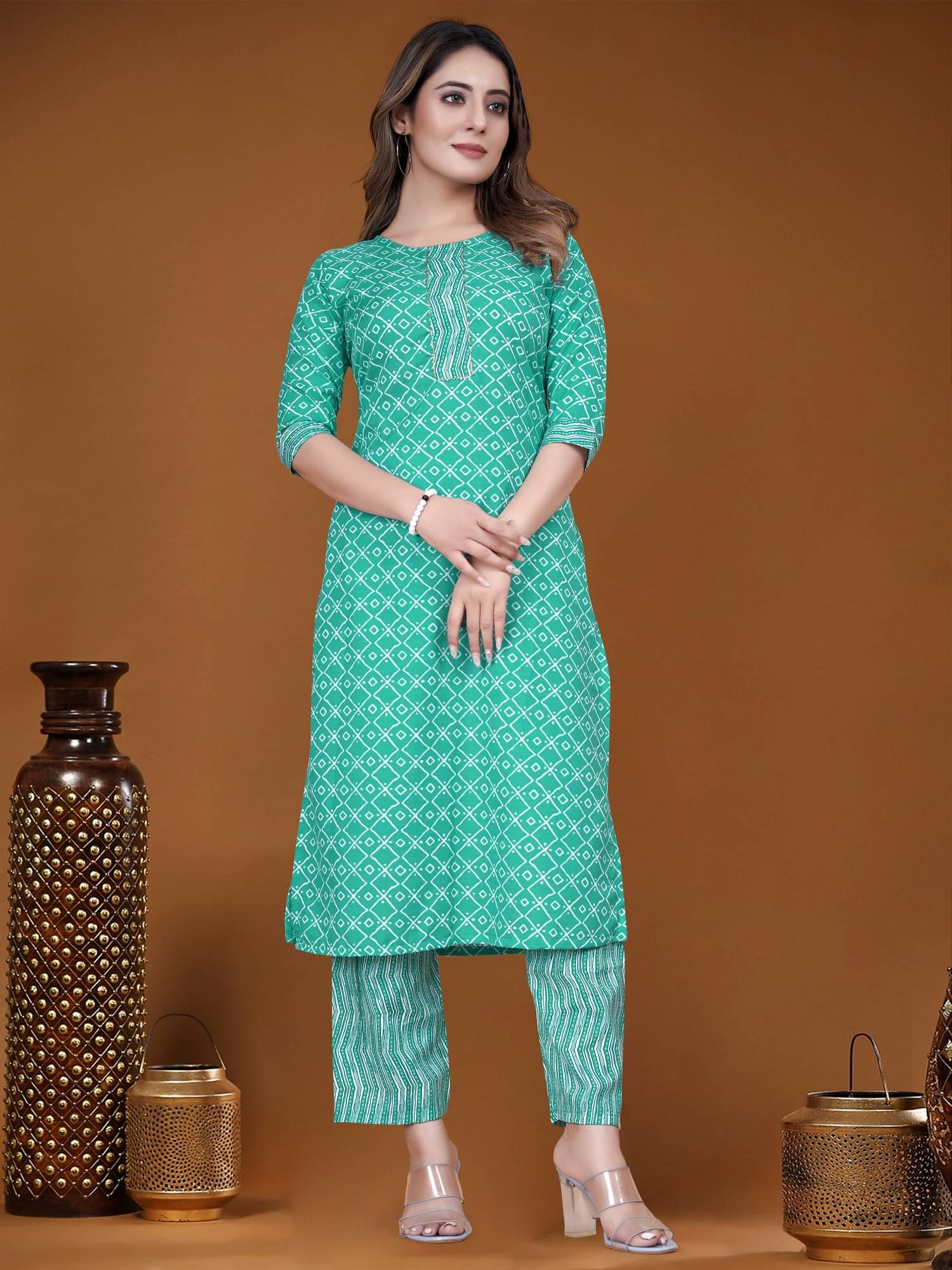     			A TO Z CART Women's Cotton Blend Printed Kurti With Pants ( Sea Green )
