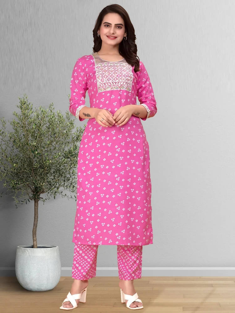 Aika Women's Cotton Blend Printed Kurti With Pants ( Pink ) Aika Women's Cotton Blend Printed Kurti With Pants ( Pink )