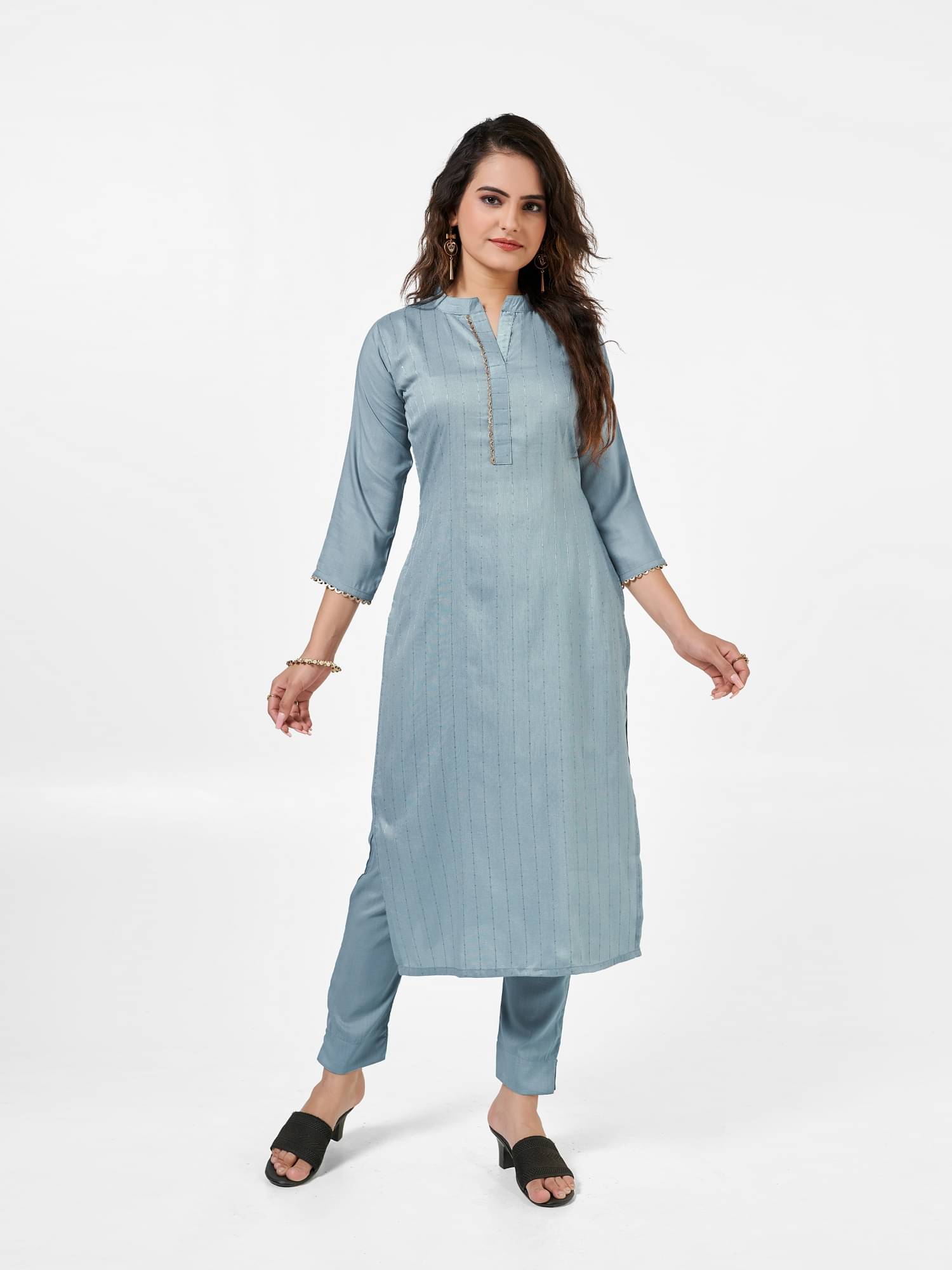 Apnisha Women's Cotton Blend Striped Kurti With Pants ( Grey ) Apnisha Women's Cotton Blend Striped Kurti With Pants ( Grey )