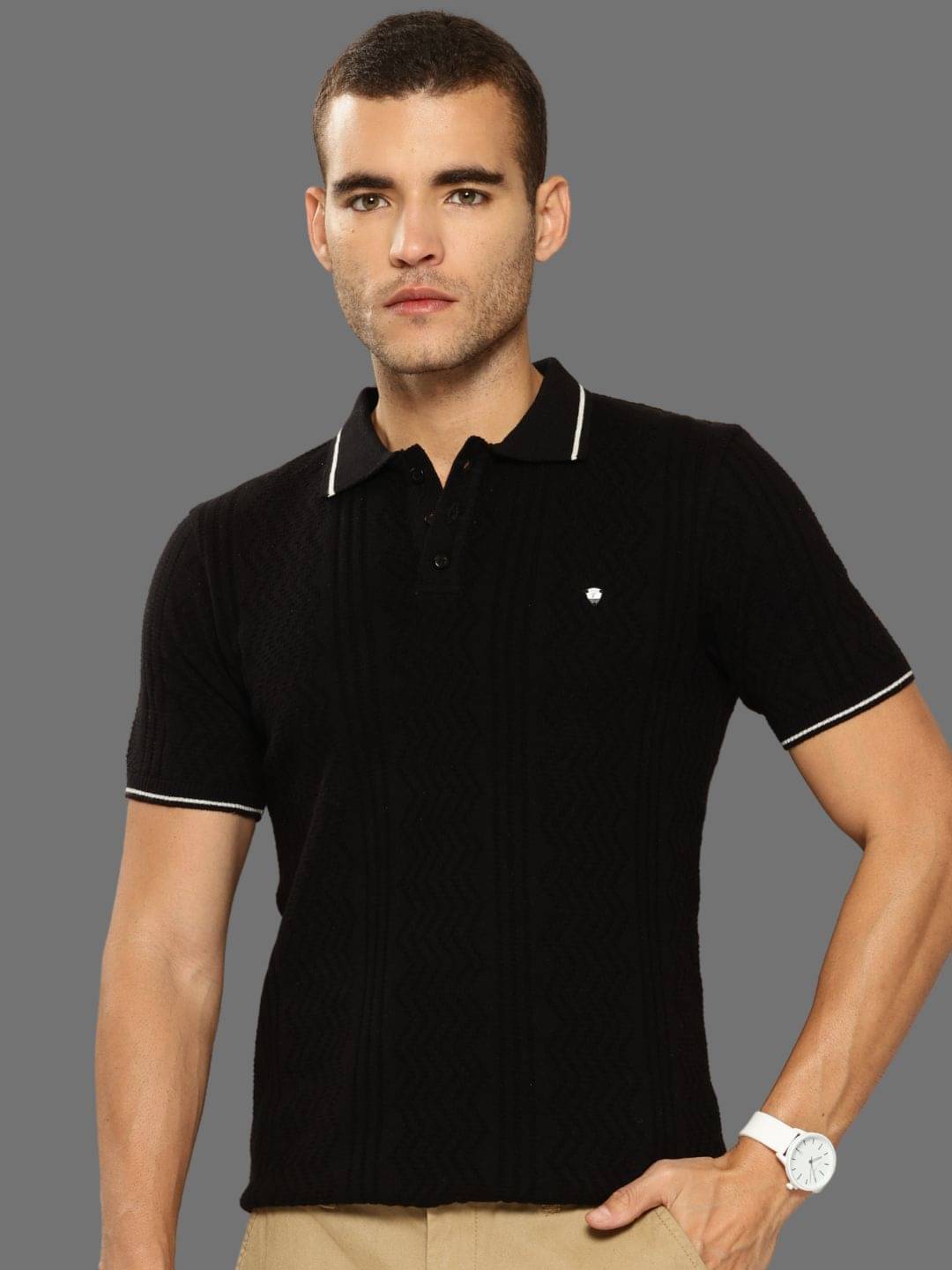     			Clapton Men Cotton Regular Fit Self Design Polo T Shirt ( Black )