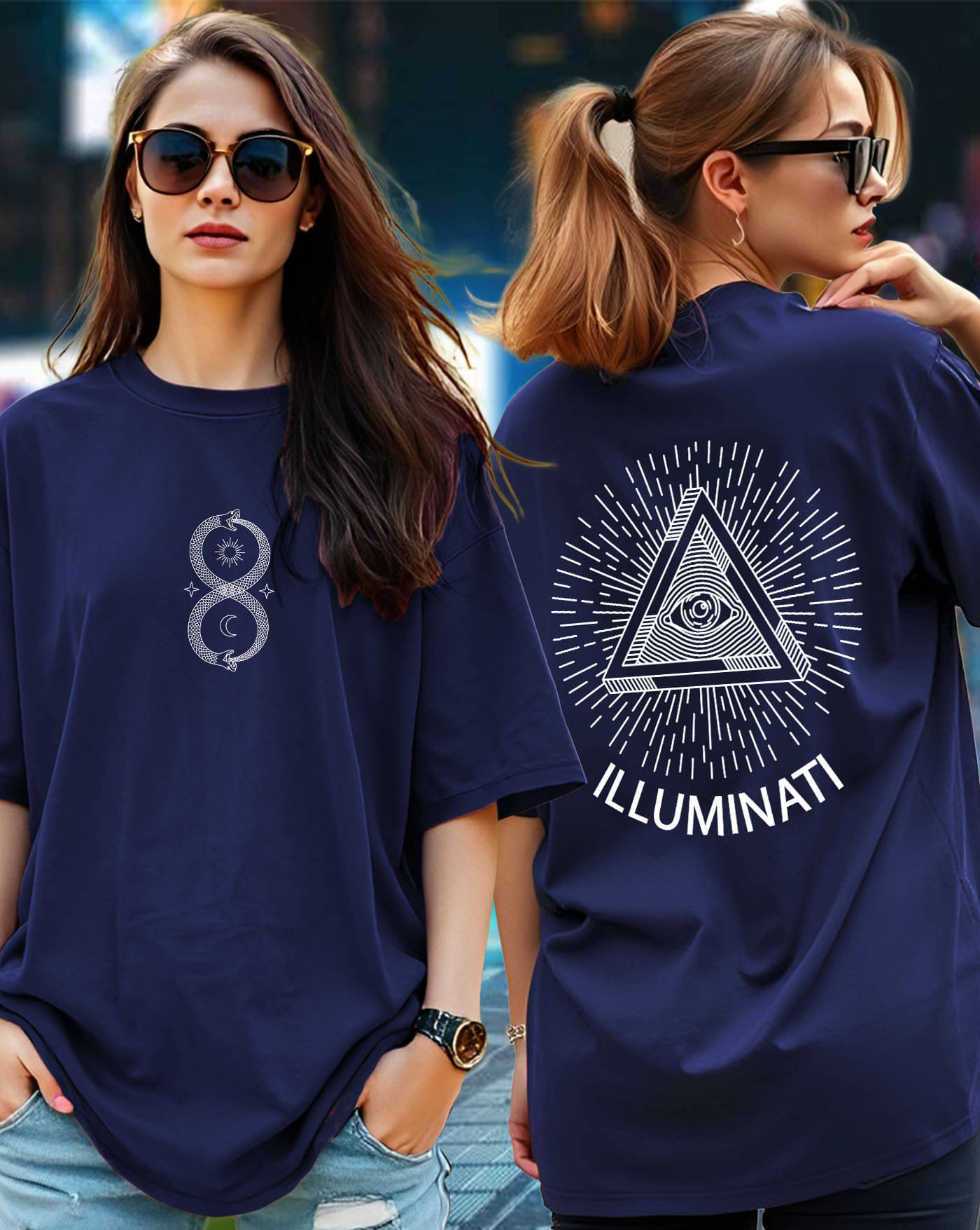     			ENITOR Women Cotton Blend Printed Oversized Round Neck T-Shirt ( Blue )