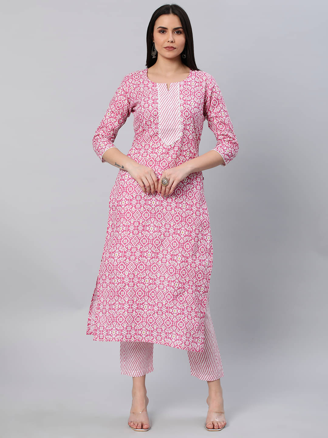     			JULEE Women's Cotton Blend Printed Kurti With Pants ( Pink )