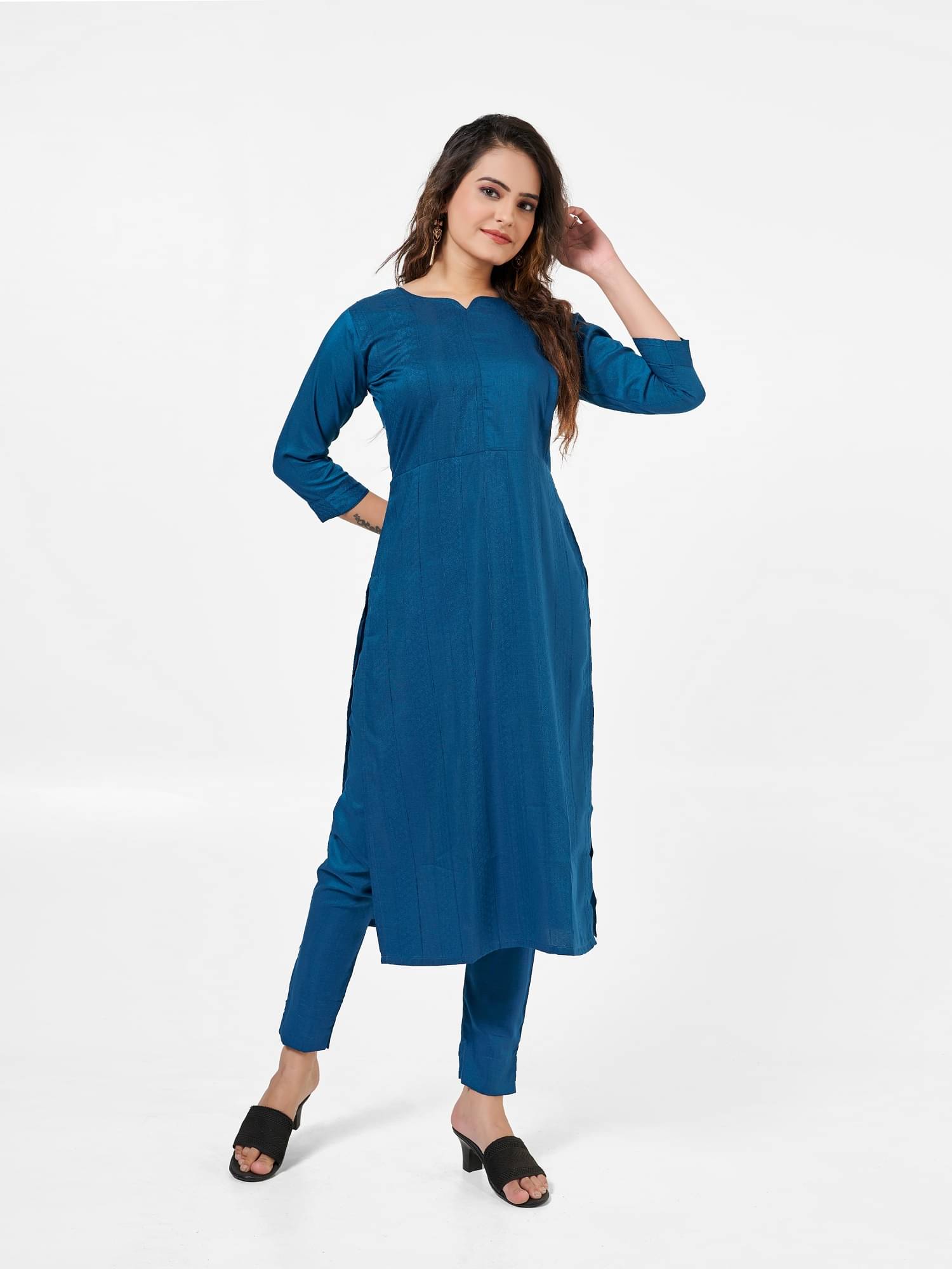 JULEE Women's Cotton Blend Self Design Kurti With Pants ( Teal ) JULEE Women's Cotton Blend Self Design Kurti With Pants ( Teal )