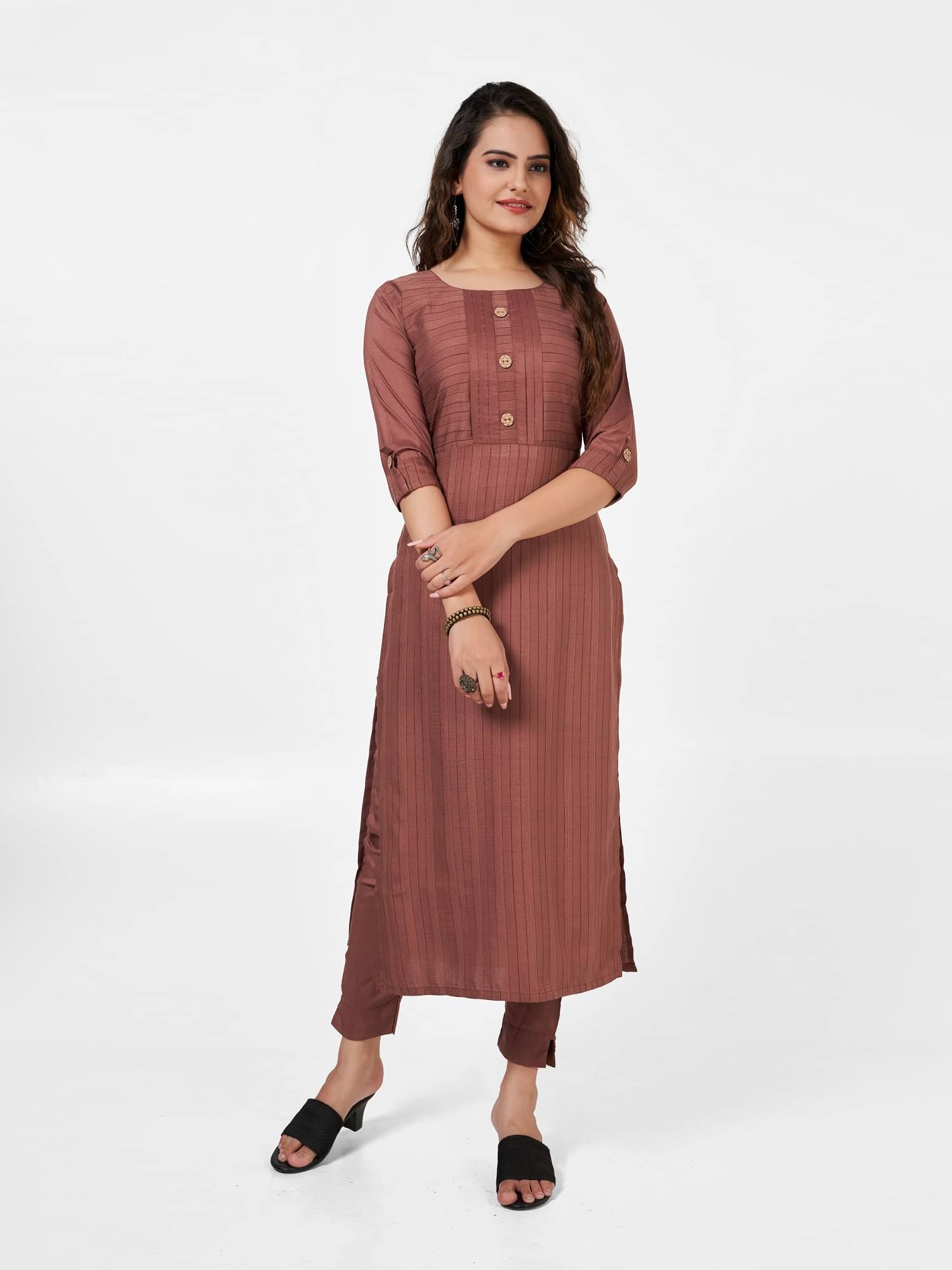     			JULEE Women's Cotton Blend Striped Kurti With Pants ( Rust )