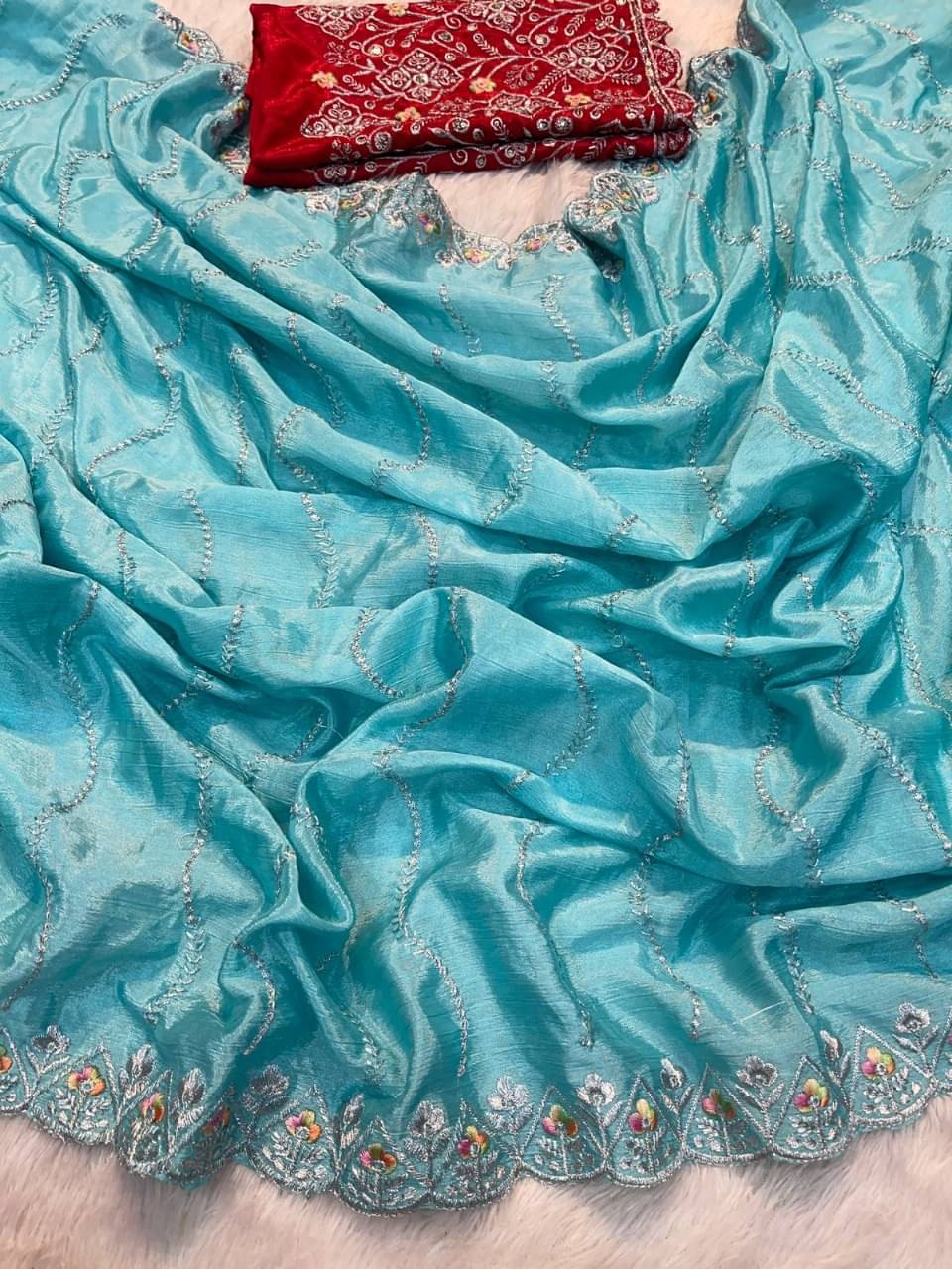     			Maruti saree Chiffon Embroidered Saree With Unstitched Blouse Piece ( SkyBlue )