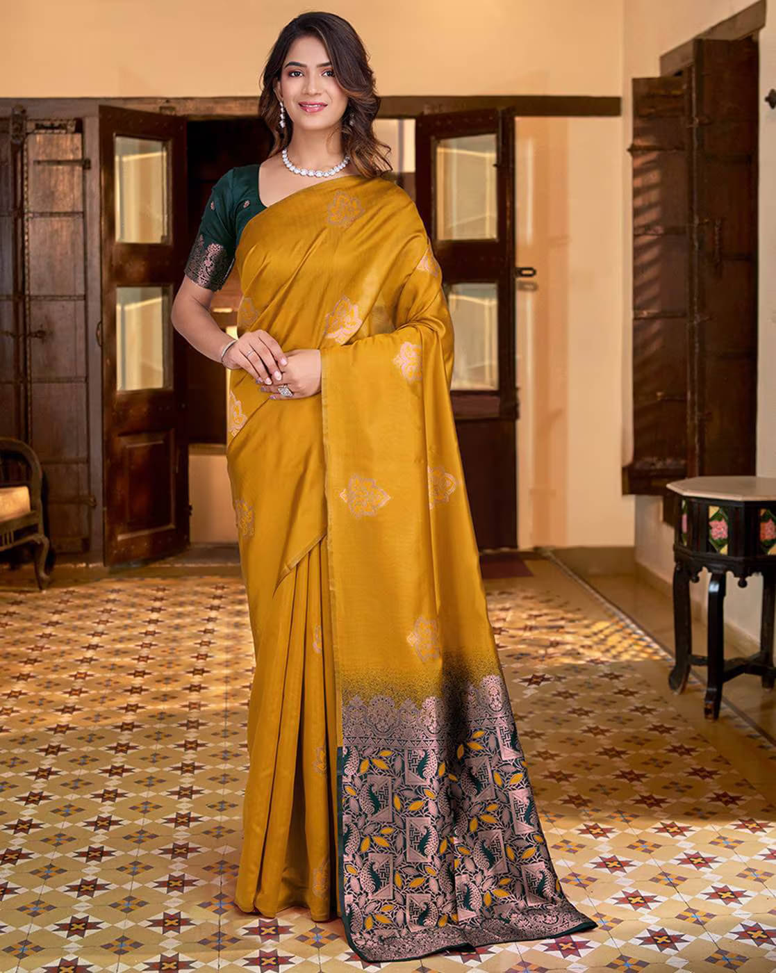 PEER STORE Banarasi Silk Woven Saree With Unstitched Blouse Piece ( Mustard ) PEER STORE Banarasi Silk Woven Saree With Unstitched Blouse Piece ( Mustard )