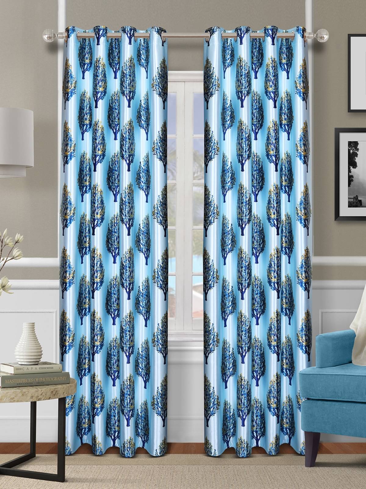     			Romee Floral Room Darkening Eyelet Curtain 7 ft ( Pack of 2 ) - Blue