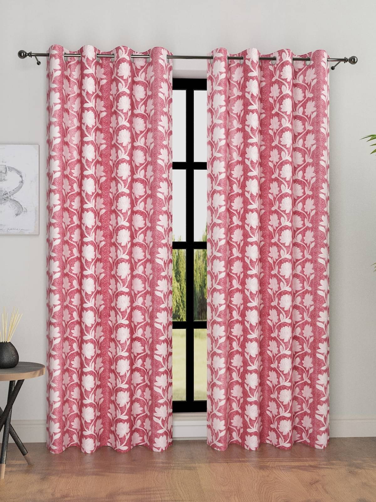     			Romee Floral Room Darkening Eyelet Curtain 7 ft ( Pack of 2 ) - Pink