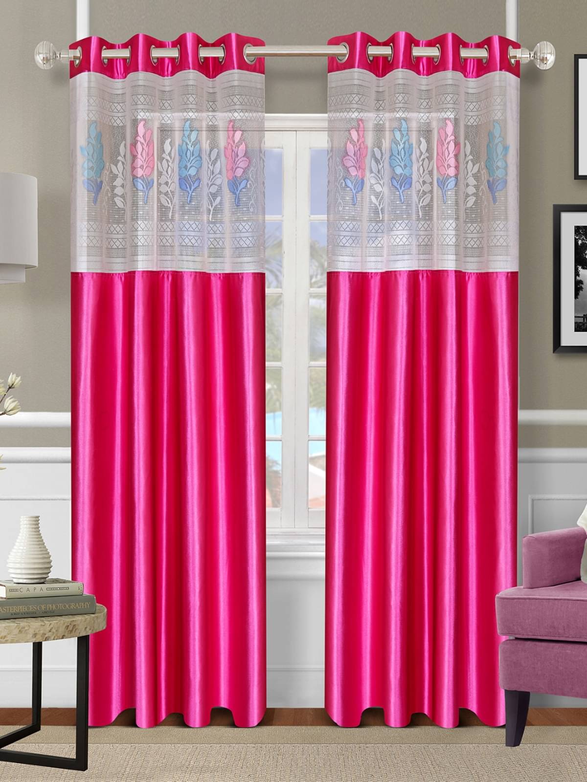     			Romee Floral Room Darkening Eyelet Curtain 9 ft ( Pack of 2 ) - Pink