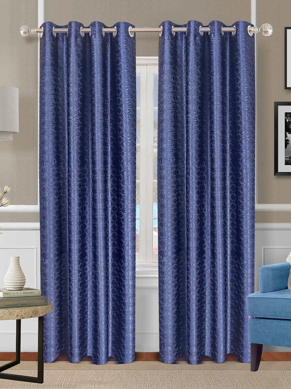    			Romee Geometric Room Darkening Eyelet Curtain 7 ft ( Pack of 2 ) - Blue