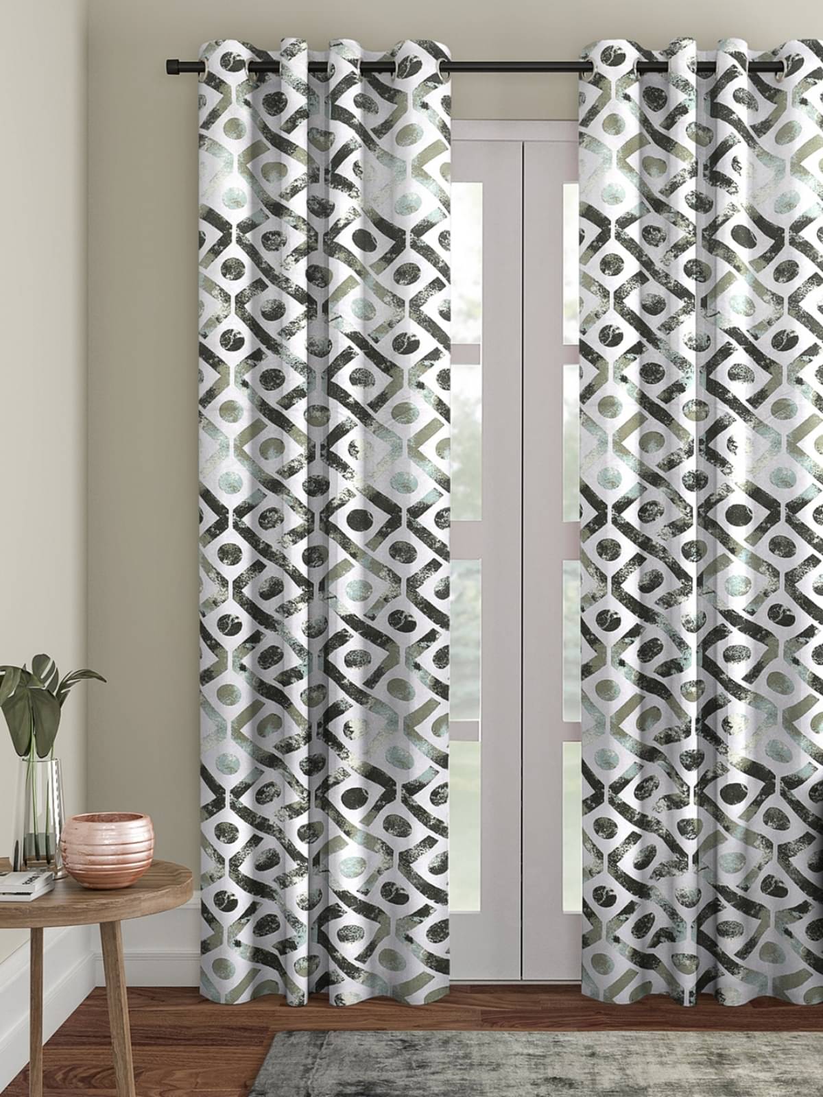     			Romee Geometric Room Darkening Eyelet Curtain 7 ft ( Pack of 1 ) - Silver