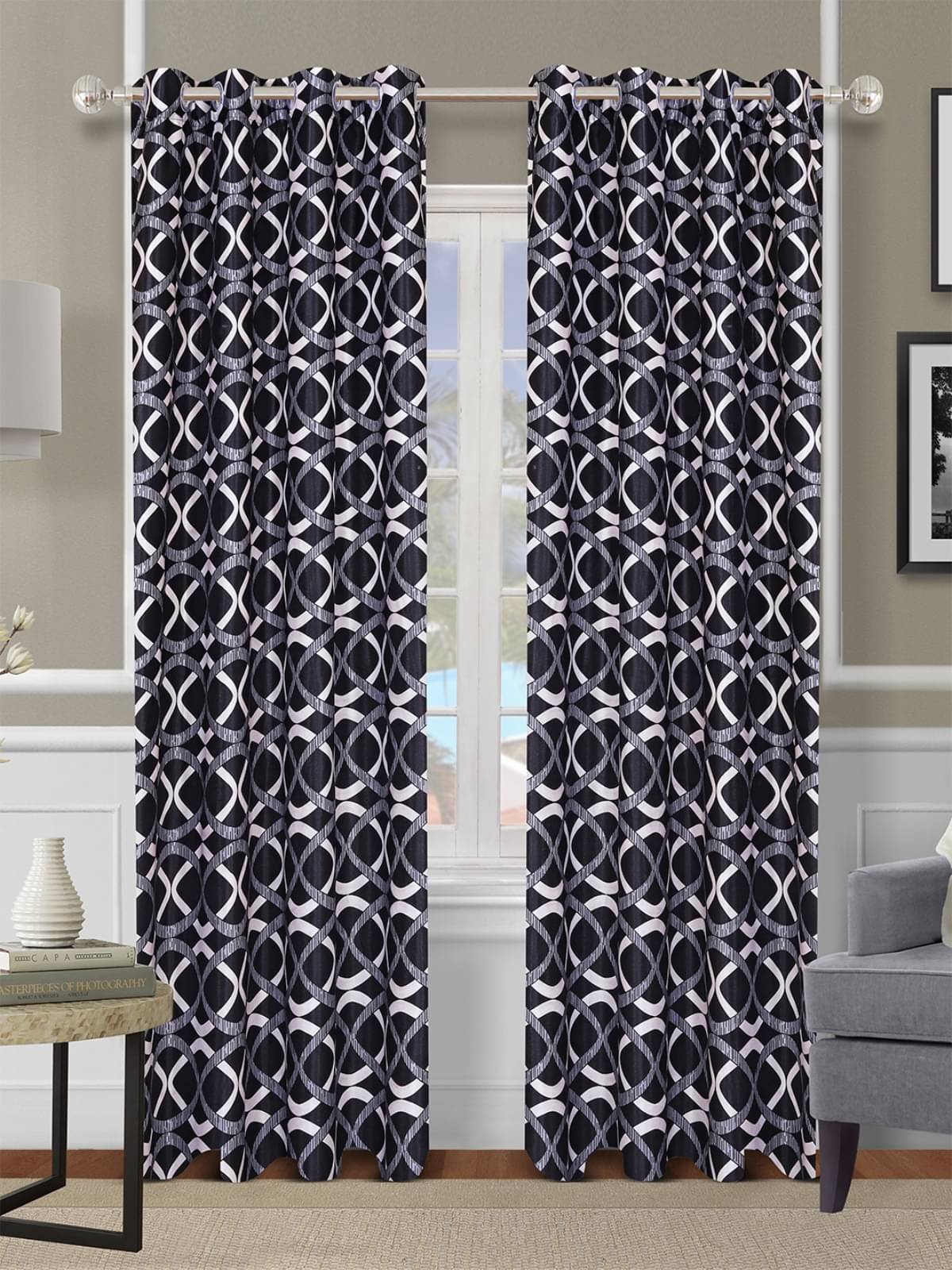     			Romee Geometric Room Darkening Eyelet Curtain 7 ft ( Pack of 2 ) - Blue