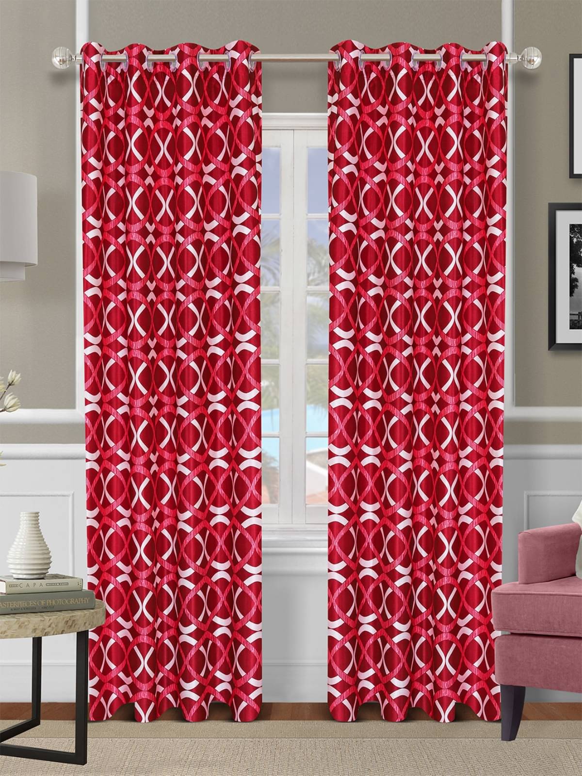     			Romee Geometric Room Darkening Eyelet Curtain 9 ft ( Pack of 2 ) - Maroon