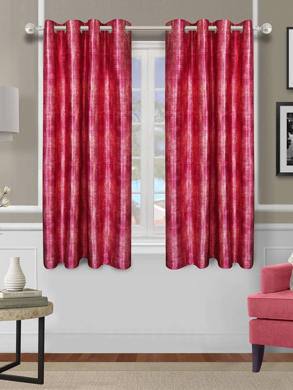     			Romee Textured Room Darkening Eyelet Curtain 5 ft ( Pack of 2 ) - Pink