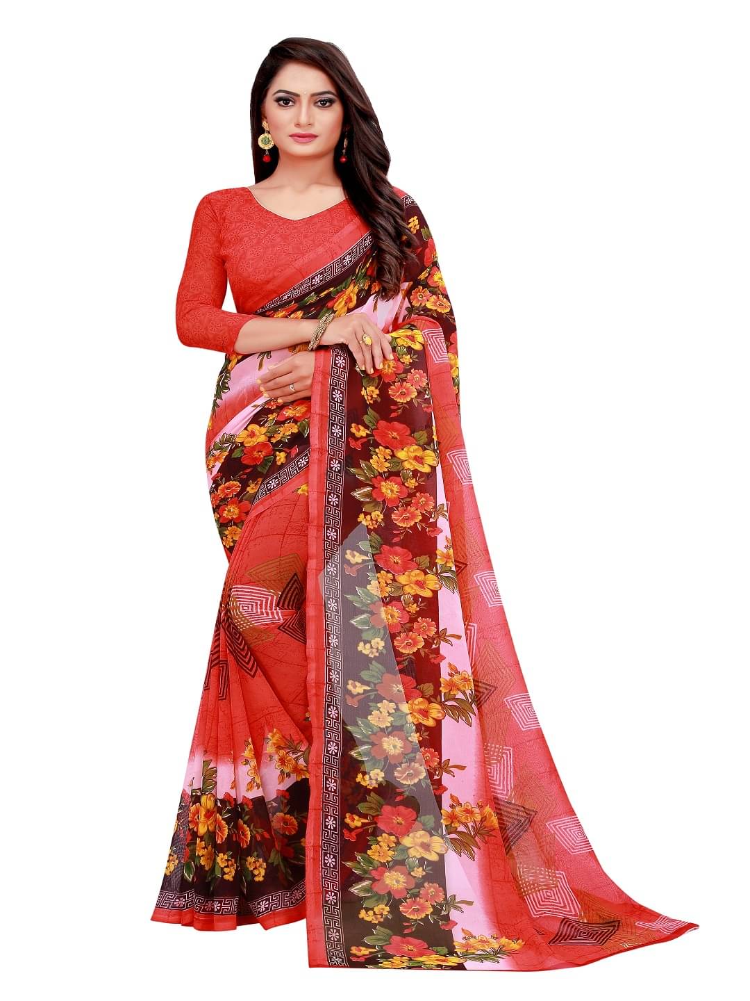     			Suali Georgette Printed Saree With Unstitched Blouse Piece ( Multicolor )
