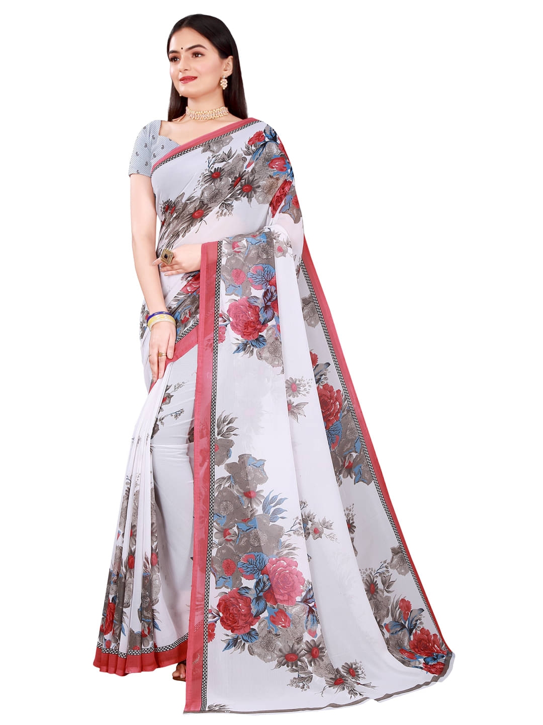     			Suali Georgette Printed Saree With Unstitched Blouse Piece ( Purple )