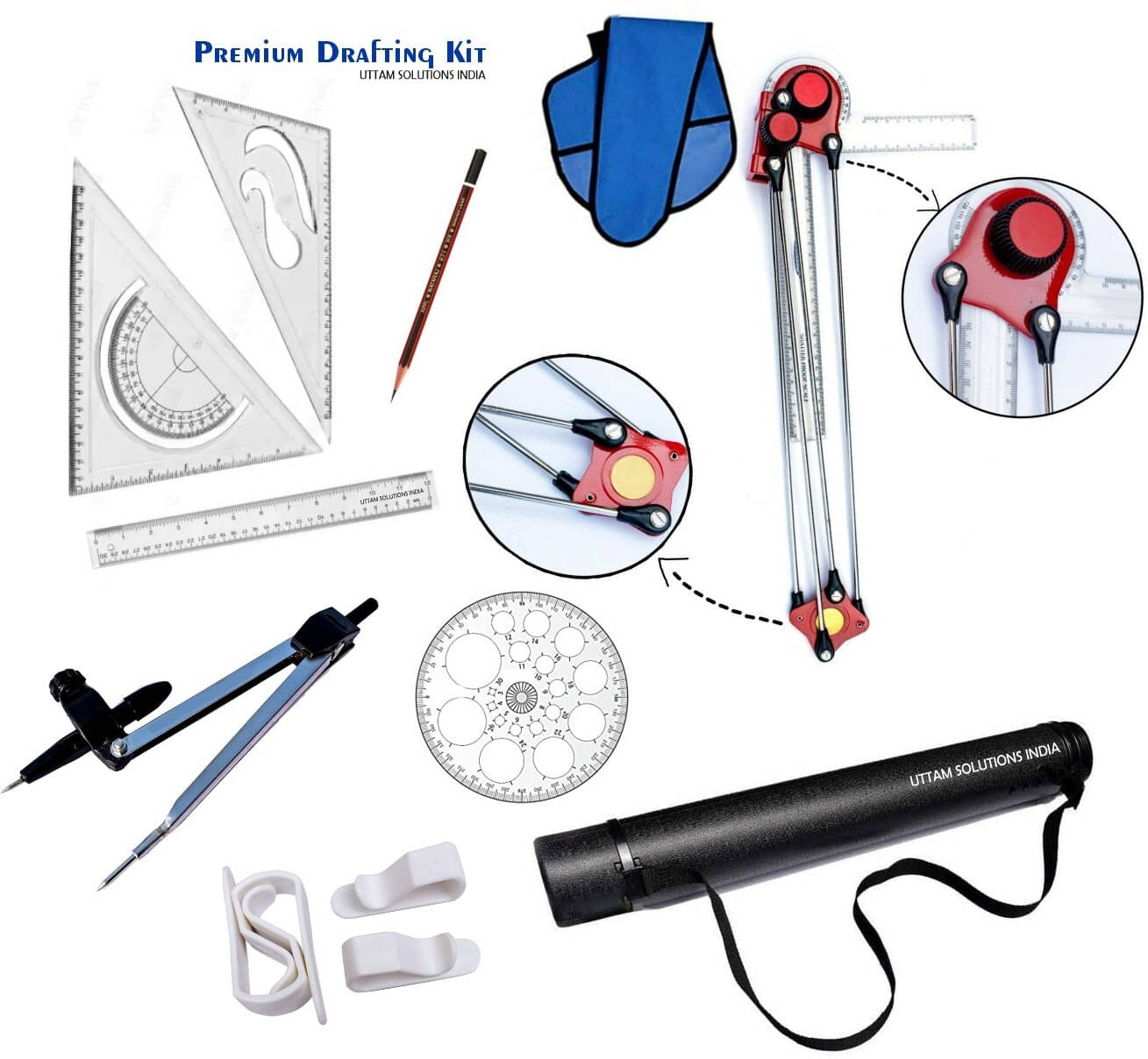     			Uttam Drawing Mini Drafter, Container, Compass, Set Squares, Pro Circle, Ruler, Clips, Drafting Kit (Pack of 9)