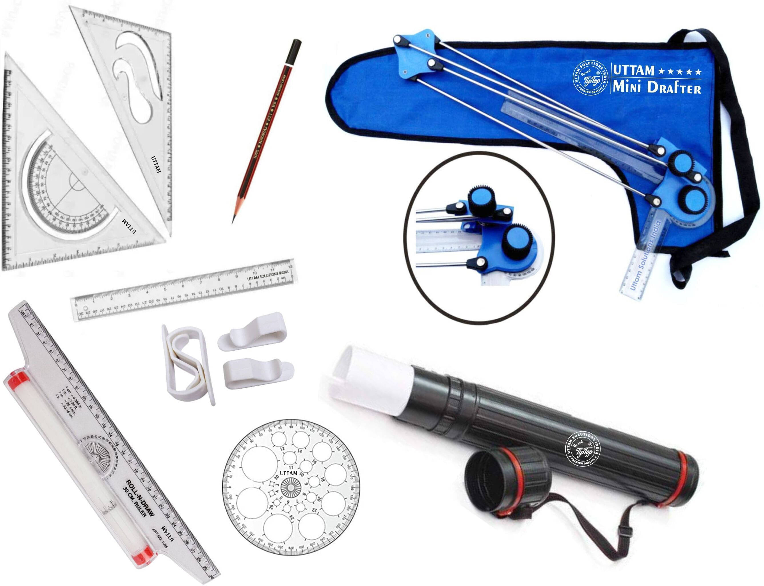     			Uttam Mini drafter, sheet holder box, Roller scale, pro circle for Engineering drawing Drafting Kit (Pack of 9)