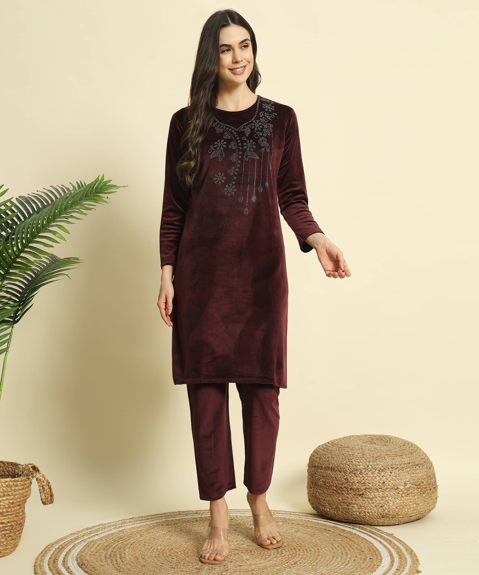 ZEPPI Women's Velvet Embellished Kurti With Palazzo ( Maroon ) ZEPPI Women's Velvet Embellished Kurti With Palazzo ( Maroon )